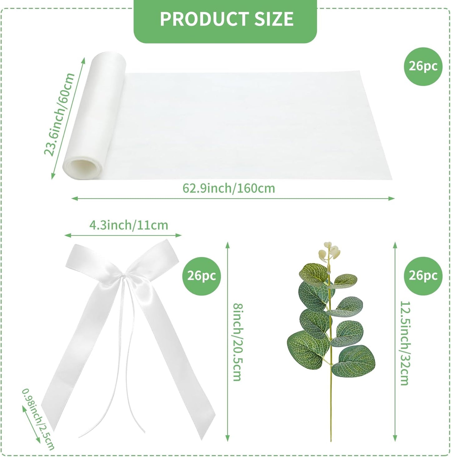 26 Sets of Wedding Aisle Decorations, White Tulle Chair Sashes with Bow Ribbons and Artificial Eucalyptus Stems for Church Pews, Wedding Ceremony Chair Decor