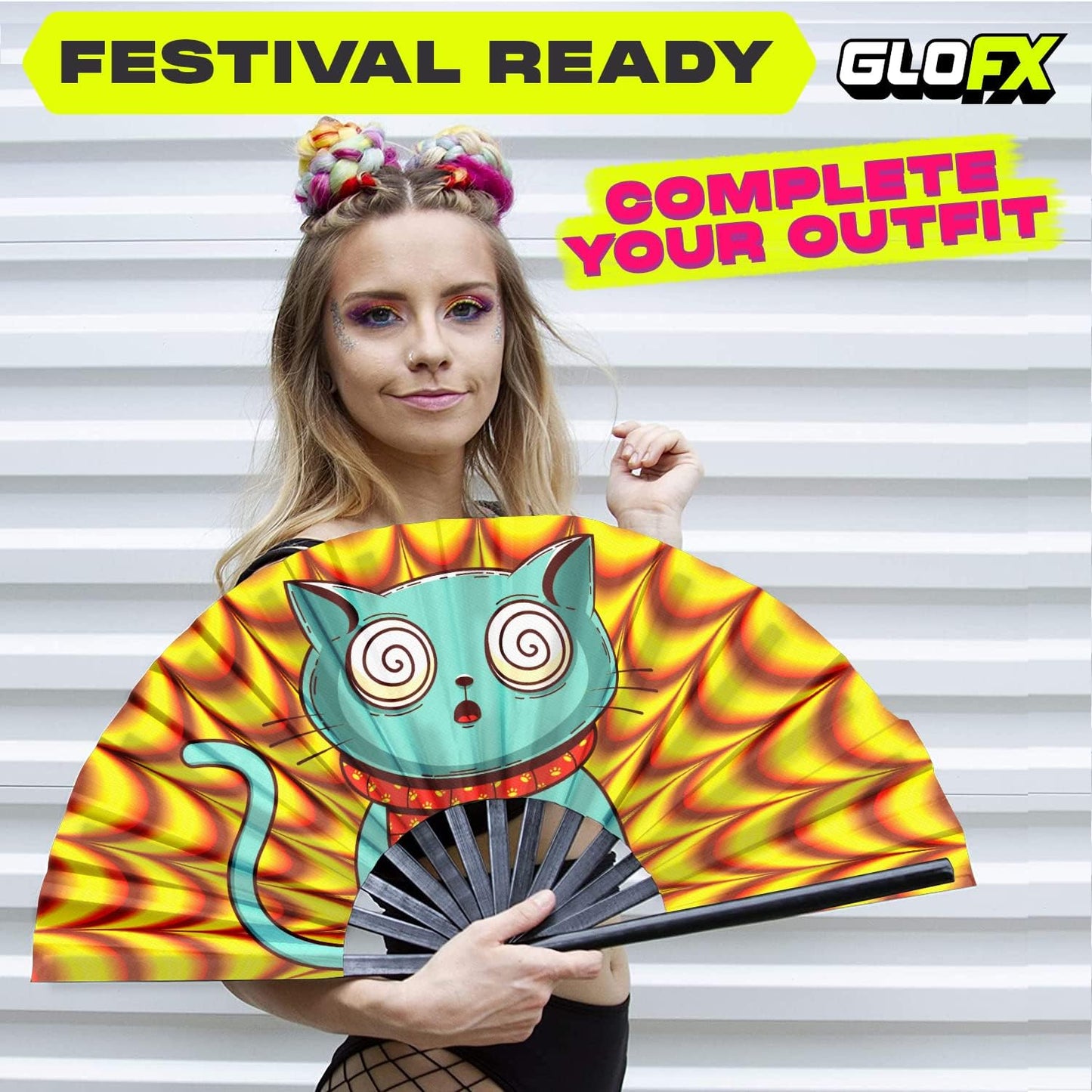 GloFX Folding Fan - Trippy Kitty - Large Rave Clack Folding Hand Fan for Men/Women - for EDM, Music Festival, Club, Event, Party, Dance, Performance, Decoration, Gift