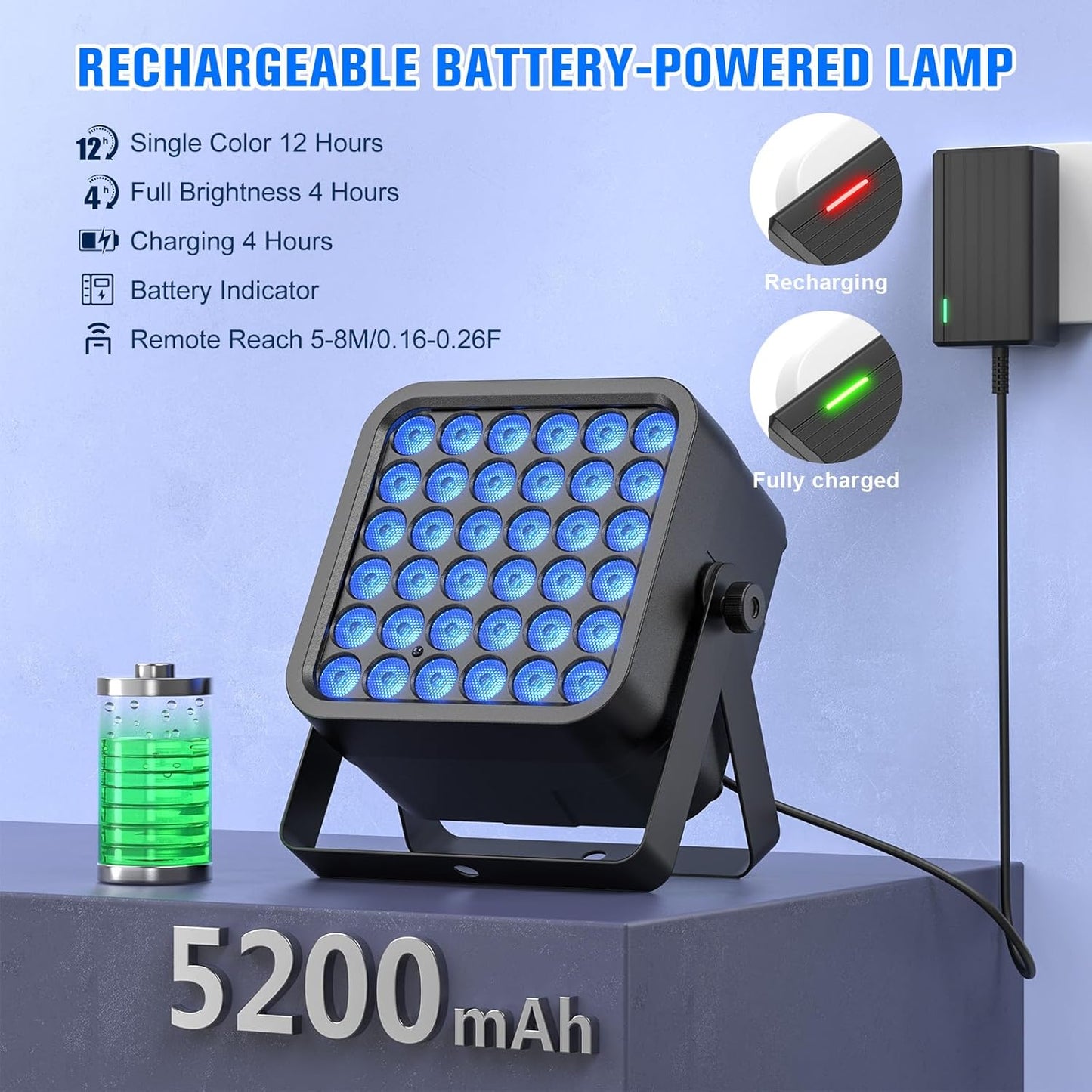 Rechargeable Par Can Lights, 72W RGB 5200mAh Uplights Battery Powered Stage Light, Wireless DJ Lights Sound Activated with Remote & DMX Control for Festivals, Weddings, Bars, Churches, DJ (12 Packs)
