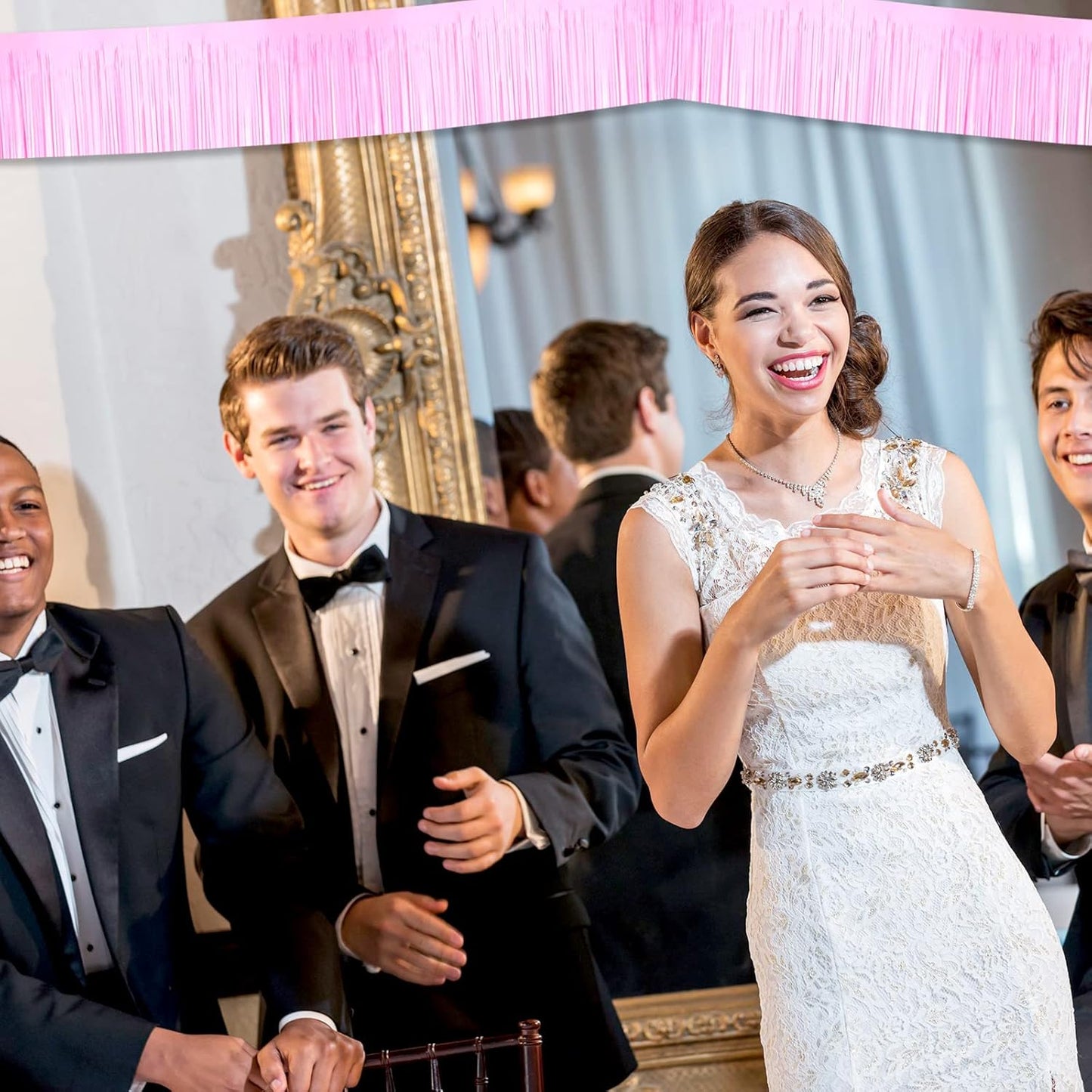 6 Pack 10 Feet Foil Fringe Garland Metallic Tinsel Streamers Banner Wall Hanging Backdrop Banner for Parade Floats, Thanksgiving, Christmas, Birthday, Halloween Party Decorations(Macaron Pink)