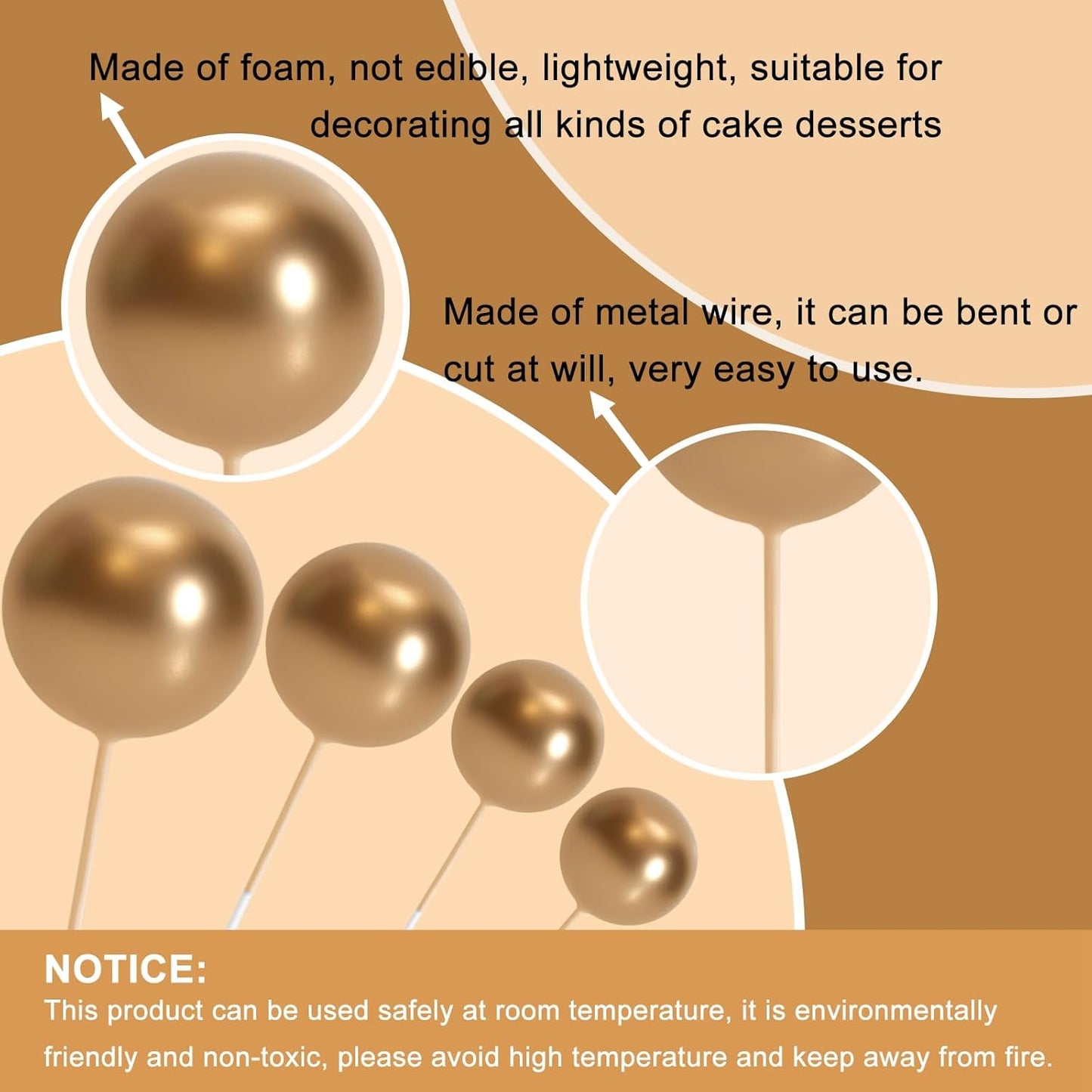 ASTARON 20 Pcs Ball Cake Topper Decorations Mini Balloons Cake Topper Sticks Gold Cake Picks Cake Balls for Graduation Wedding Birthday Cake Decorations