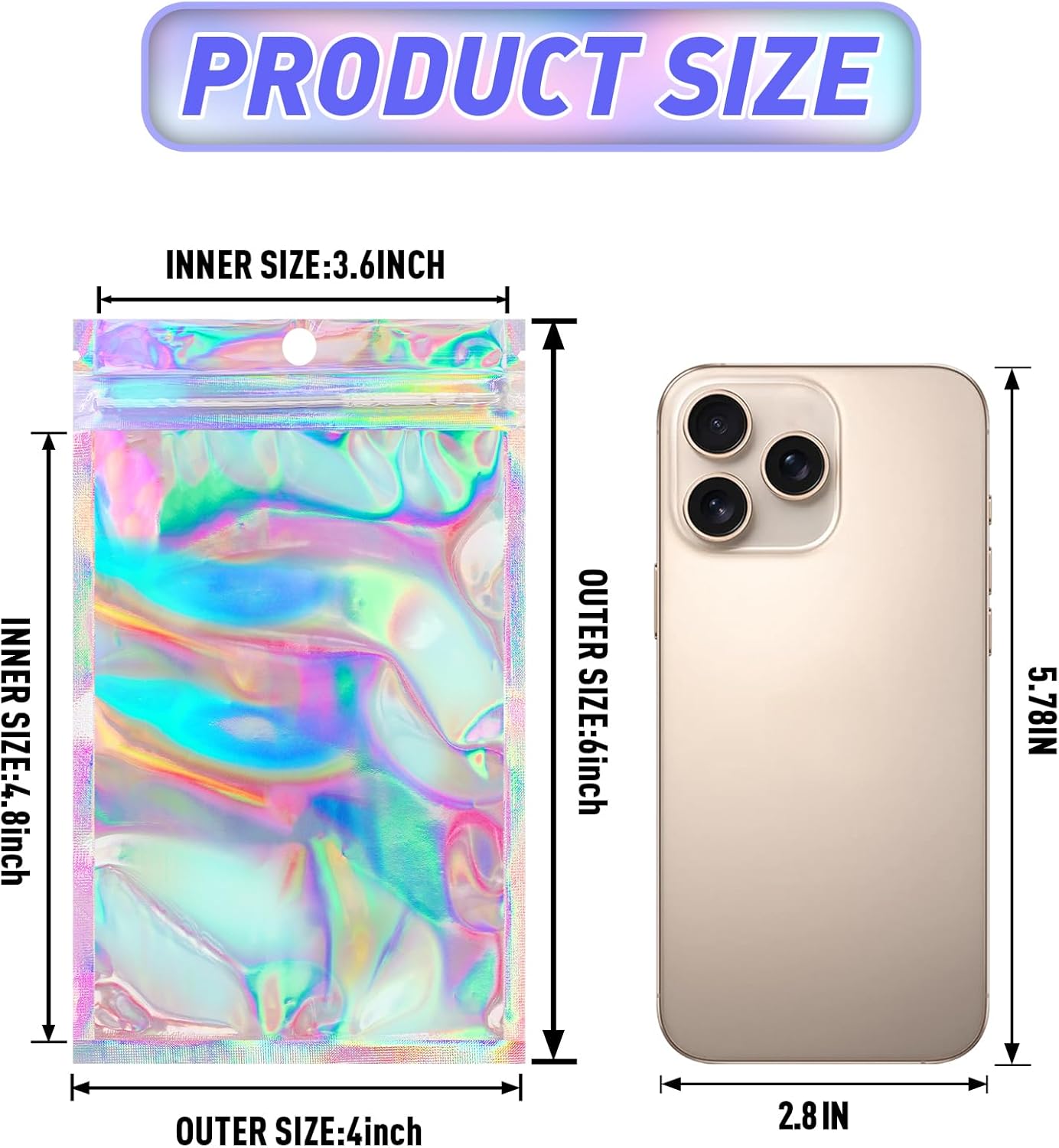 Funfery 100 Pack Smell Proof Holographic Bags Clear Window Resealable Bags,Mylar Foil Bag with Zipper,Sealing Pouch Packaging Bag for Food Storage,Candy,Party Favor Sample Business Supplies(4x6in)