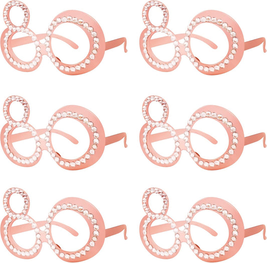 80th Birthday Glasses - 6 Pairs Rose Gold 80 Years Old Glasses with Rhinestones Frame, Funny Plastic Costume Photo Booth Props for 80th Anniversary Party Decorations