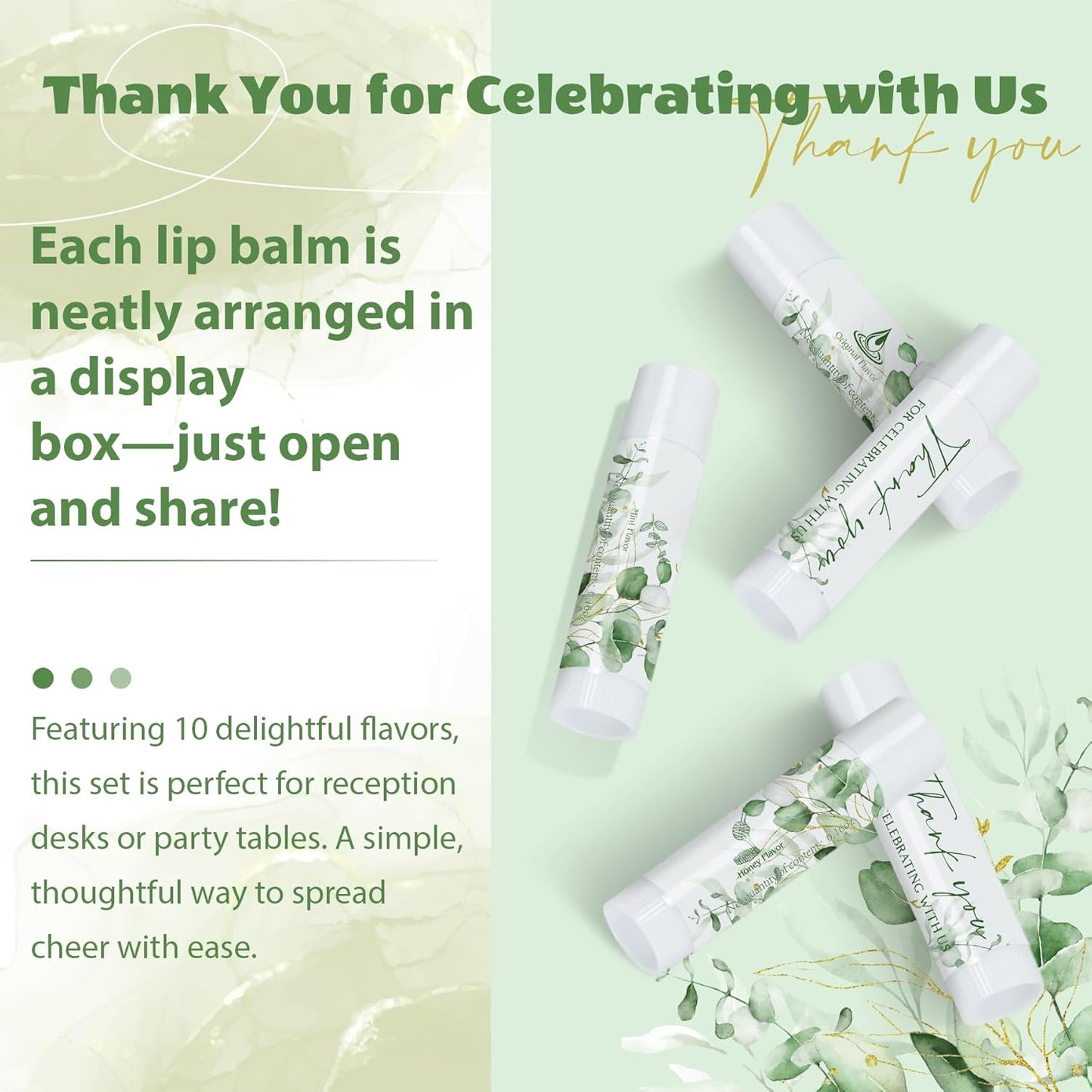 50 Pack Moisturizing Lip Balms Bulk Wedding Party Favors Thank You for Celebrating With Us Gifts Baby Shower Birthday Gift Sage Green Eucalyptus You Are The Balm Beeswax Giveaways Guests