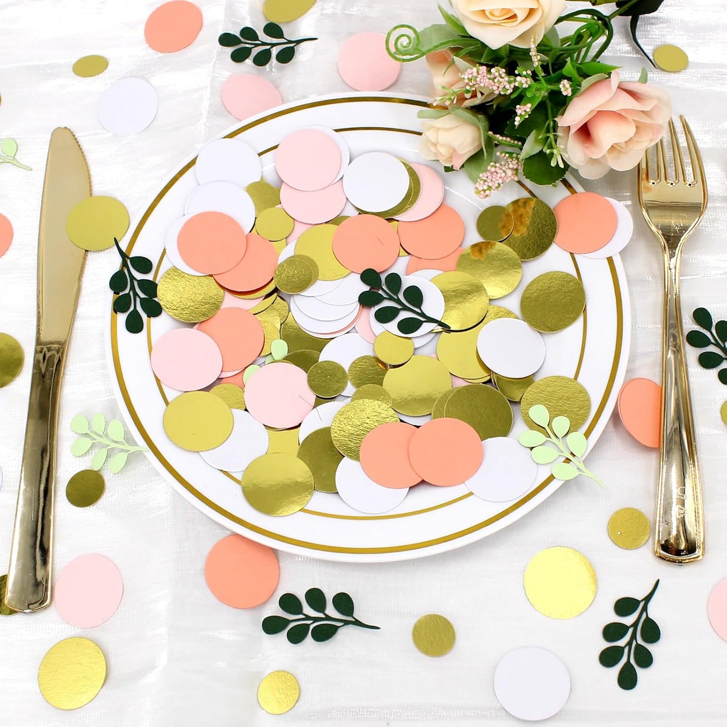 300PC Sage Green Gold Pink Round Dots Confetti for Girl Baby Shower Decorations Greenery Eucalyptus Scatter Birthday Decorations for Women Bridal Shower Wedding Confetti Party Decor Supplies