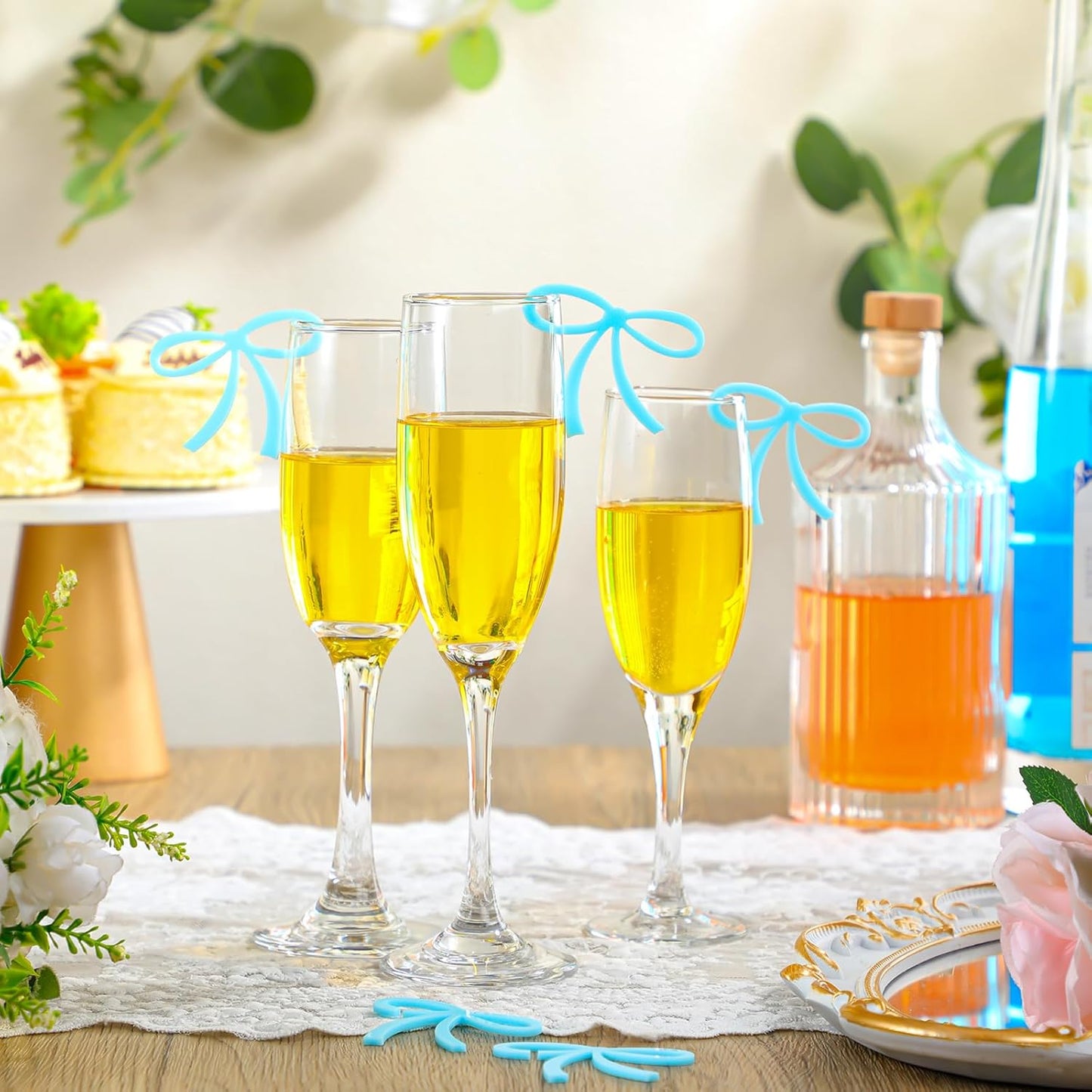 50 Pcs Bows Drink Tags Coquette Bow Wine Glass Charms Acrylic Bowknot Drink Tag for Bachelorette Birthday Wedding Coquette Tasting Party Decor Accessory(Blue)