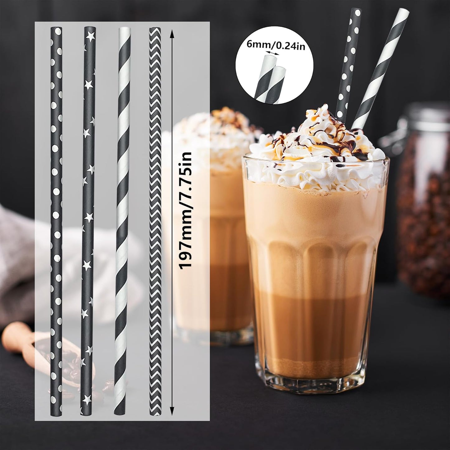 200 Black Straws, Biodegradable Black and White Paper Striped Straws for Birthdays, Coffee, Cocktail, Lemonade, DIY Decorations, Party Supplies, Weddings, New Year, Halloween, Christmas