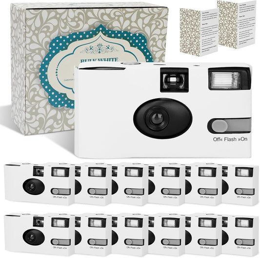 12 Pack Disposable Cameras for Wedding Bulk, 35mm White Single-Use Film Cameras with Flash, One Time Cameras for Birthday Party Baby Shower Gathering Wedding Travel, lSO 400 Film,17 Exposures