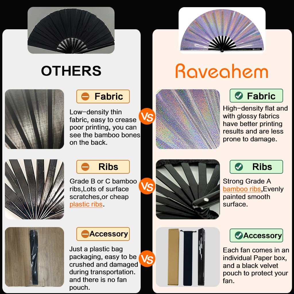 Large Rave Fan, Clack Folding Hand Fan with Premium Fabric, Thick Bamboo Frame for Men Women Gift for EDM, Festival, Club, Party, Dance, Decoration (Lridescent Purple, 11")