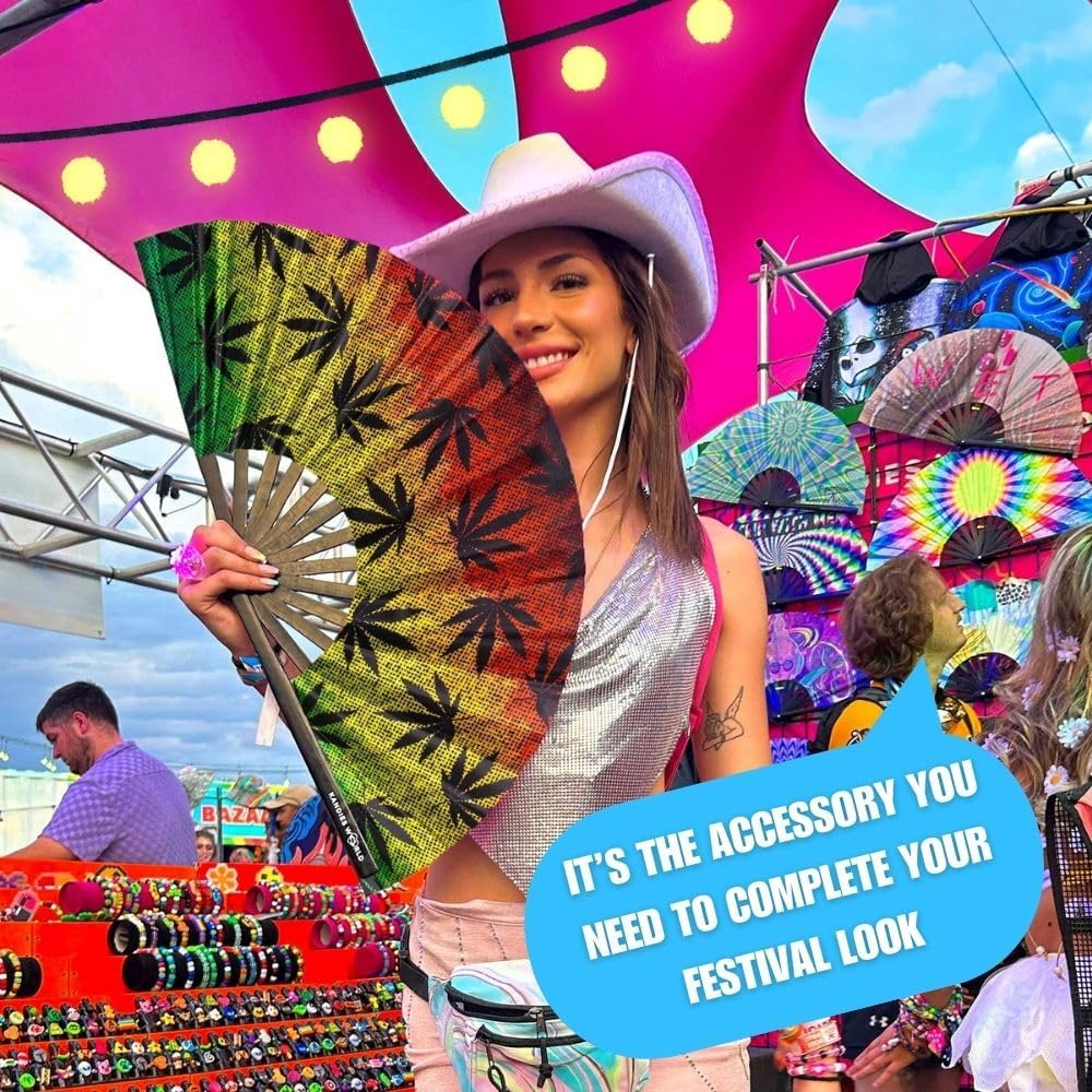 Kandies World UV Reactive Custom Festival Folding Hand Fan - Unique Designs, Made of Bamboo, Clacking Sound, Lightweight - Perfect Rave and Festival Accessory!
