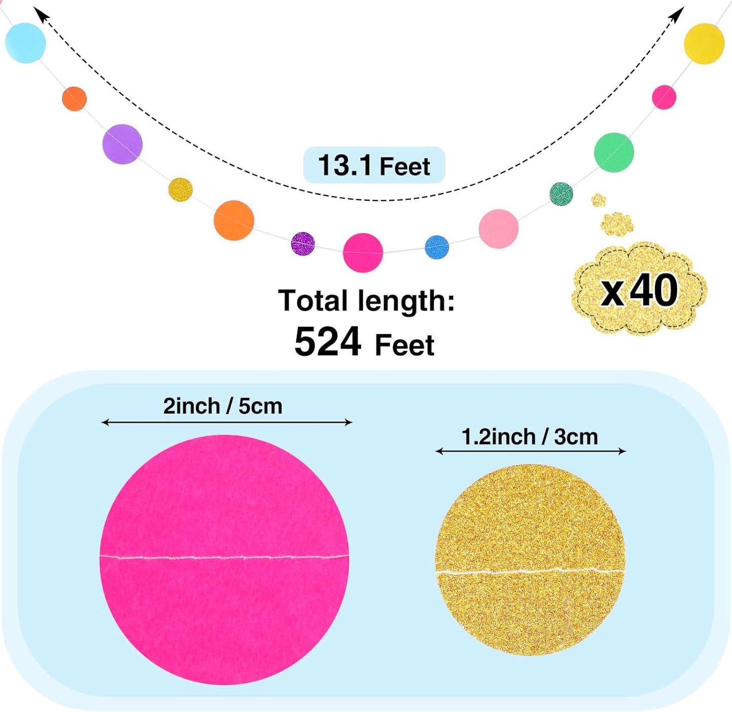 Outus 40 Pieces Colorful Dots Paper Garland Round Glitter Garland Hanging Confetti Streamers Backdrop for Candy Birthday Classroom Halloween Trunk or Treat Car Decoration (Rainbow)