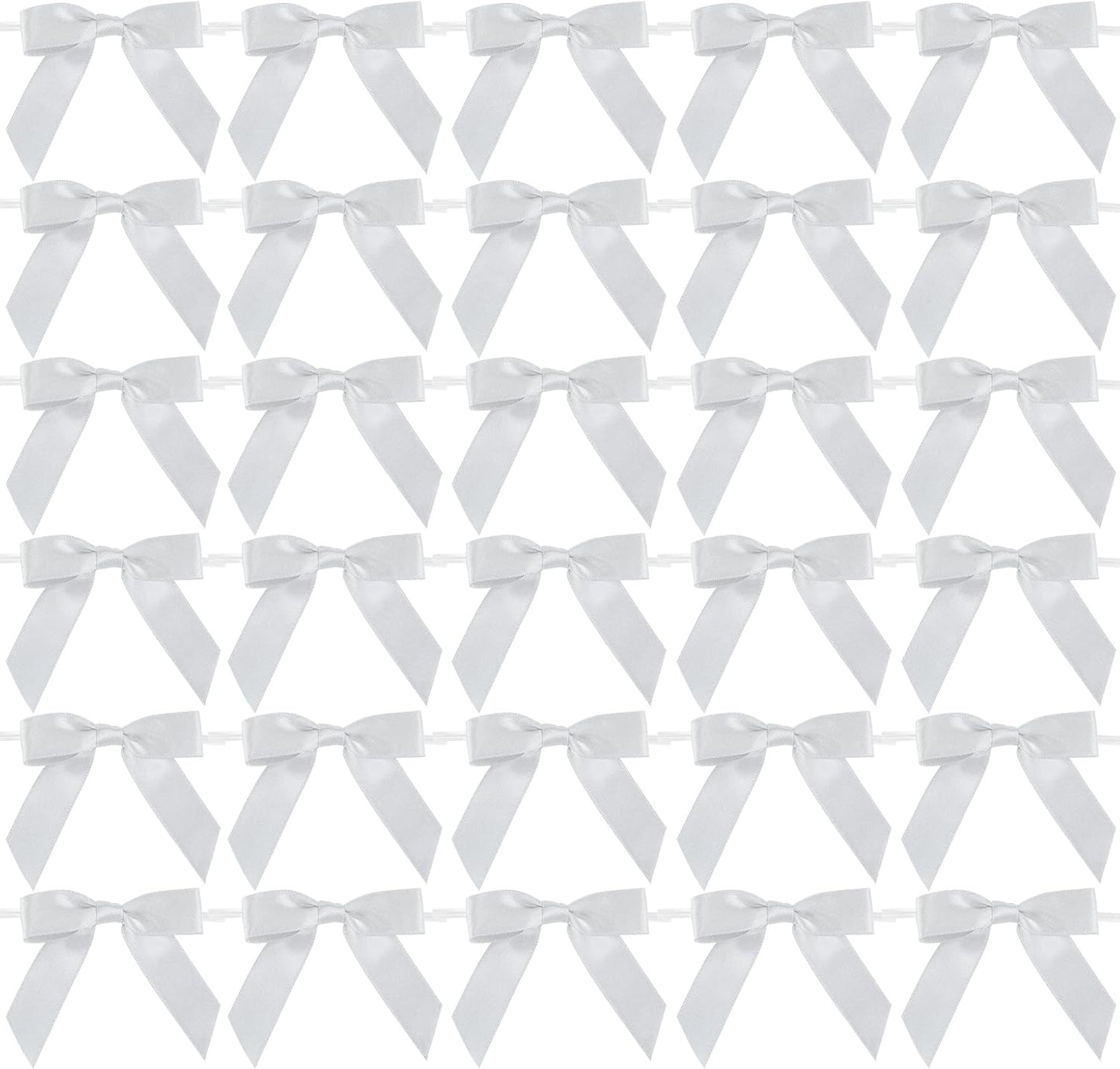 AIMUDI Silver Satin Ribbon Twist Tie Bows 2.5" Pretied Bows Premade Craft Bows for Treat Bags Cake Pop Gift Wrapping Basket Wedding Favors Cookie Candy Bagging Baby Shower - 50 Counts
