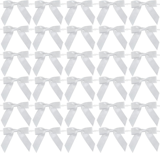 AIMUDI Silver Satin Ribbon Twist Tie Bows 2.5" Pretied Bows Premade Craft Bows for Treat Bags Cake Pop Gift Wrapping Basket Wedding Favors Cookie Candy Bagging Baby Shower - 50 Counts