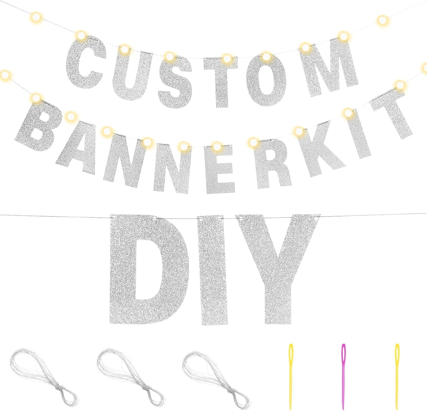 TaoBary 112 Pcs DIY Letter Kit Glitter Customizable Banner Letters Include 107 Letters and Numbers 3 Rope and 2 Needles for Birthday Halloween Christmas Wedding Valentine Party Decor(Silver)