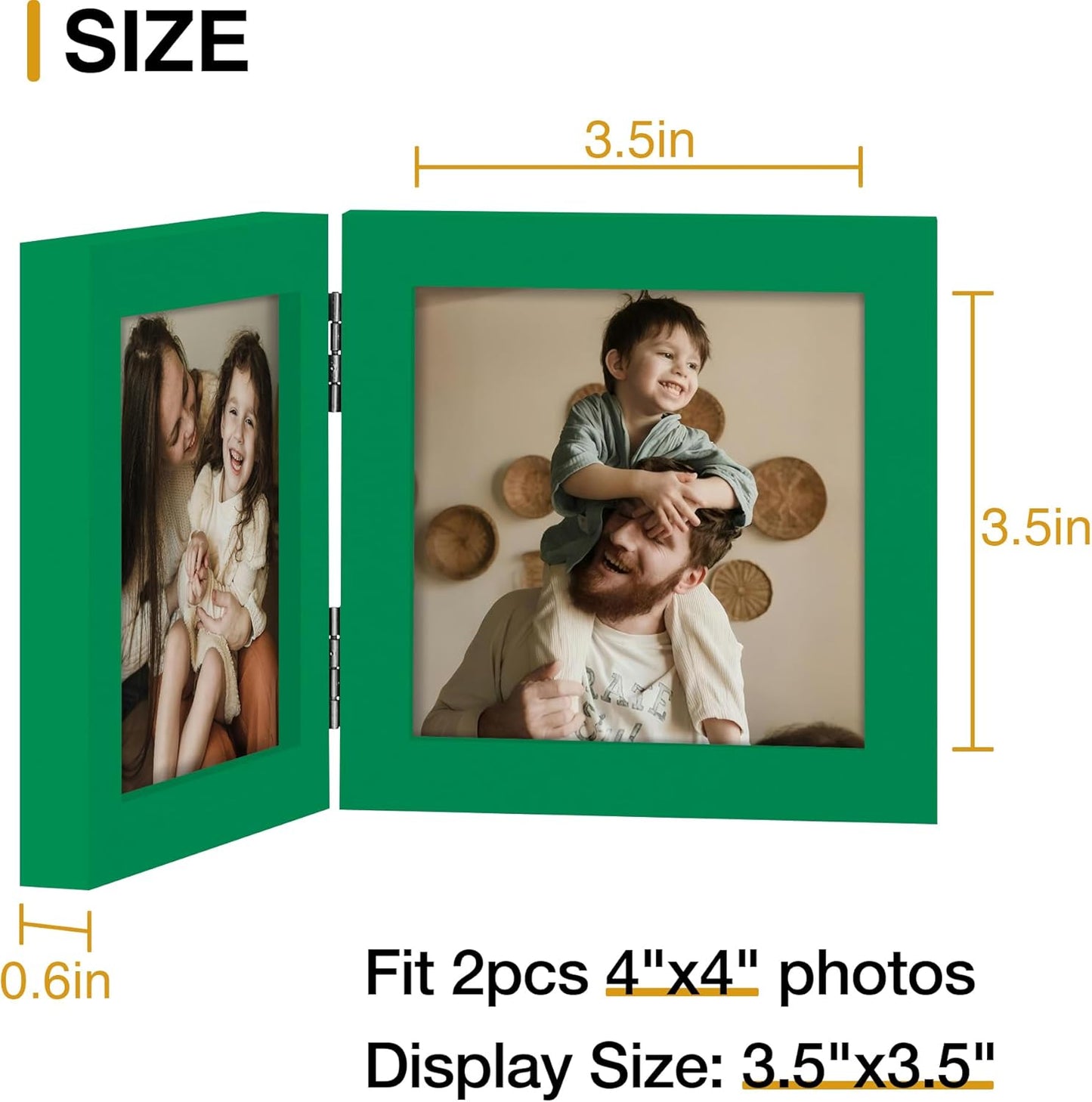 decorUhome Double 4x4 Picture Frame Vertical, Engineered Wood Bifold Photo Frame with Plexiglass for Tabletop Display, 4x4, Green