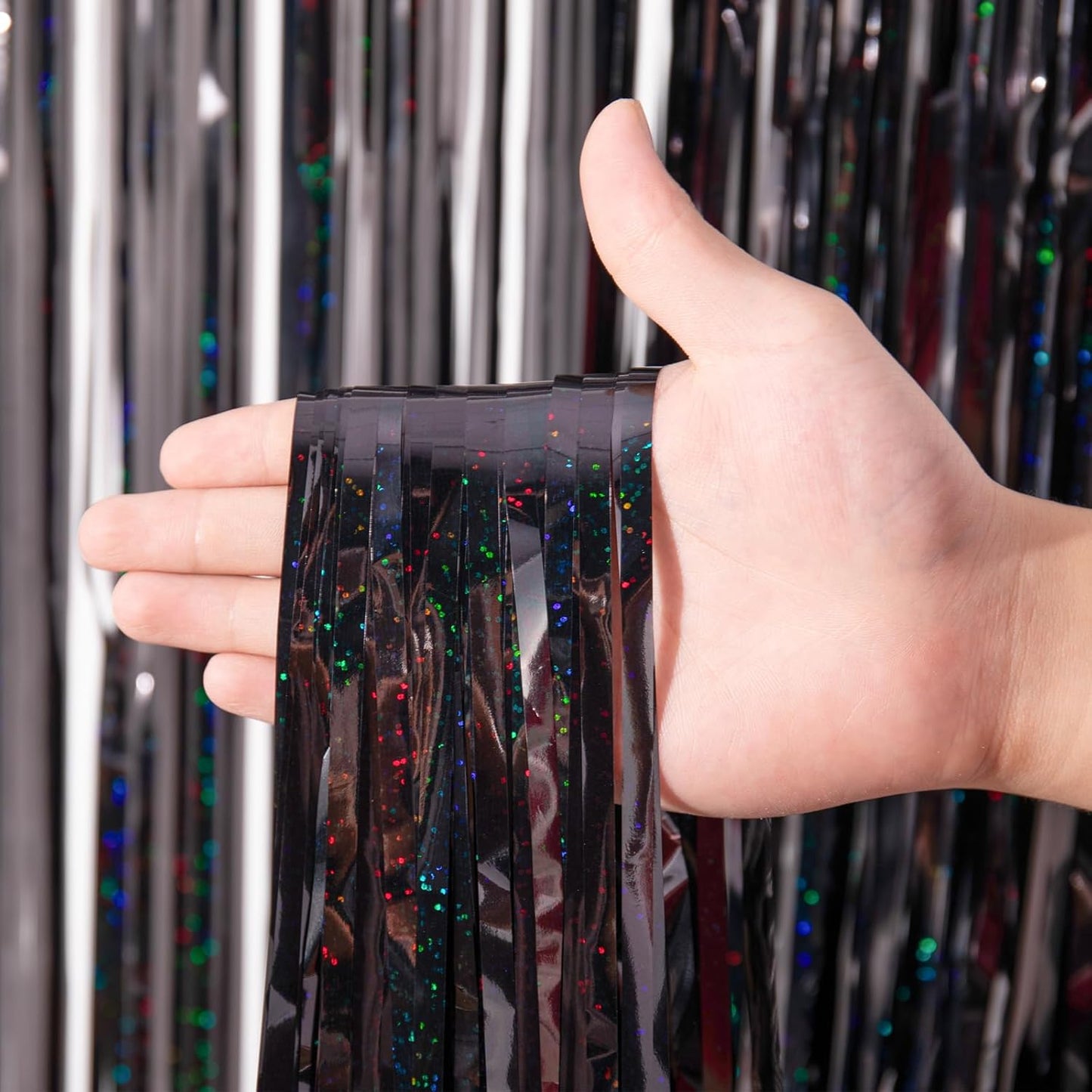 2 Pack Laser Black Foil Fringe Backdrop Curtains, Tinsel Streamers Birthday Party Decorations, Fringe Backdrop for Graduation, Baby Shower, Gender Reveal, Disco Party