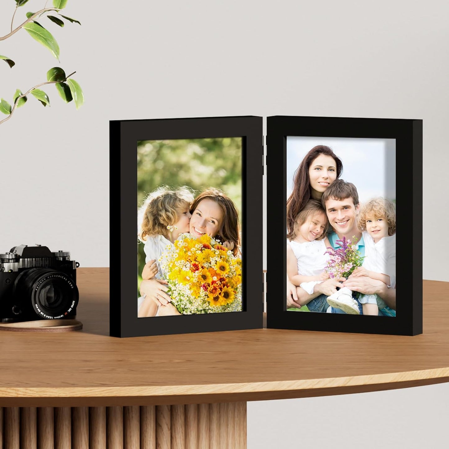 decorUhome Double 5x7 Picture Frame Vertical, Engineered Wood Bifold Photo Frame with Plexiglass for Tabletop Display, 5x7, Black