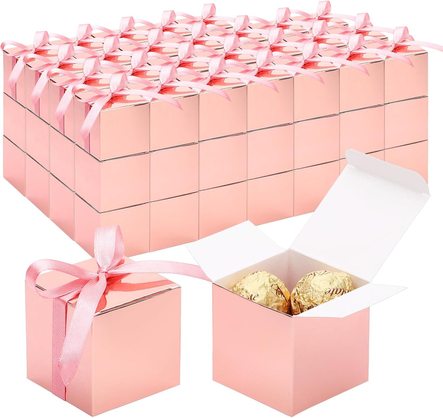 EUSOAR Candy Boxes Party Favors, 120pcs 2x2x2 Inches Mini Boxes Candy Box with Ribbons, Square Bakery Cookies Box Paper Chocolate Containers for Wedding Anniversary Bridal Party Favor Decoration