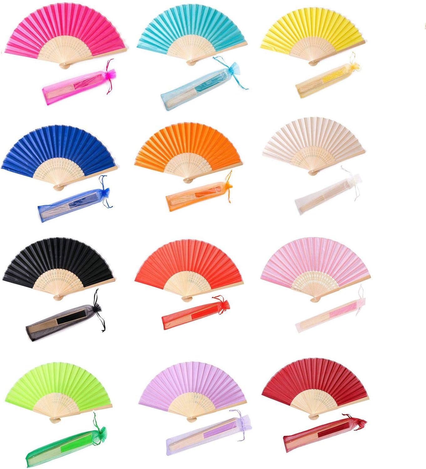 24pcs Imitated Silk Hand Fan Imitated Silk Fabric Bamboo Handheld Folded Fan Bridal Dancing Props Church Wedding Party Favors with Organza Bags (Mix Colour)