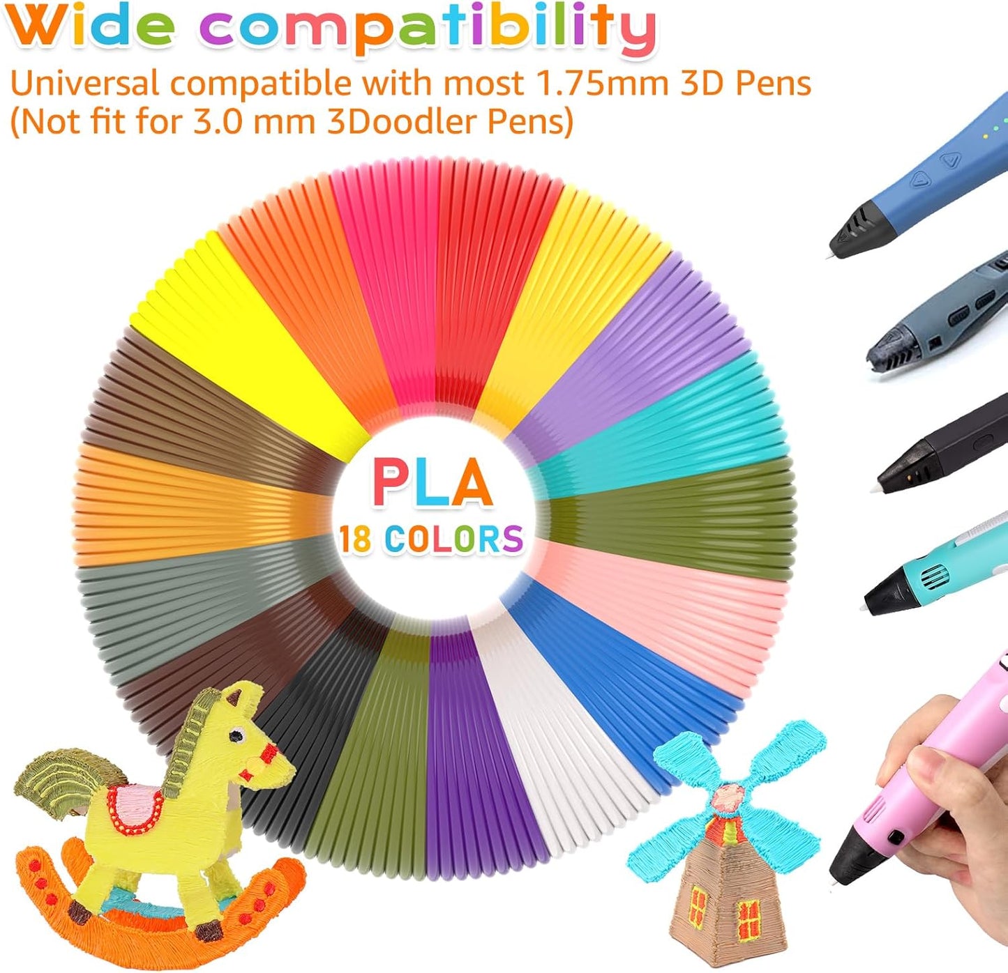 FIROS 3D Pen Filament Refills, 18 Colors 3D Pen PLA Filament, Each Color 10 Feet, Total 180 feet 3D Printing Pen PLA Filament, Compatible with SCRIB3D MYNT3D 3D Pen, Not Suitable for 3Doodler