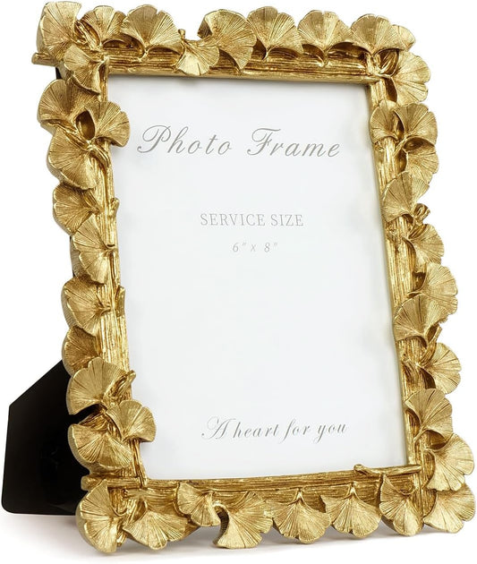 Cuspin 6x8 Picture Frame Gold, Vintage Ornate Leaf Textured Hand-Crafted Resin with Glass Front Antique Photo Frame for Tabletop Display, Retro Design Home Decor