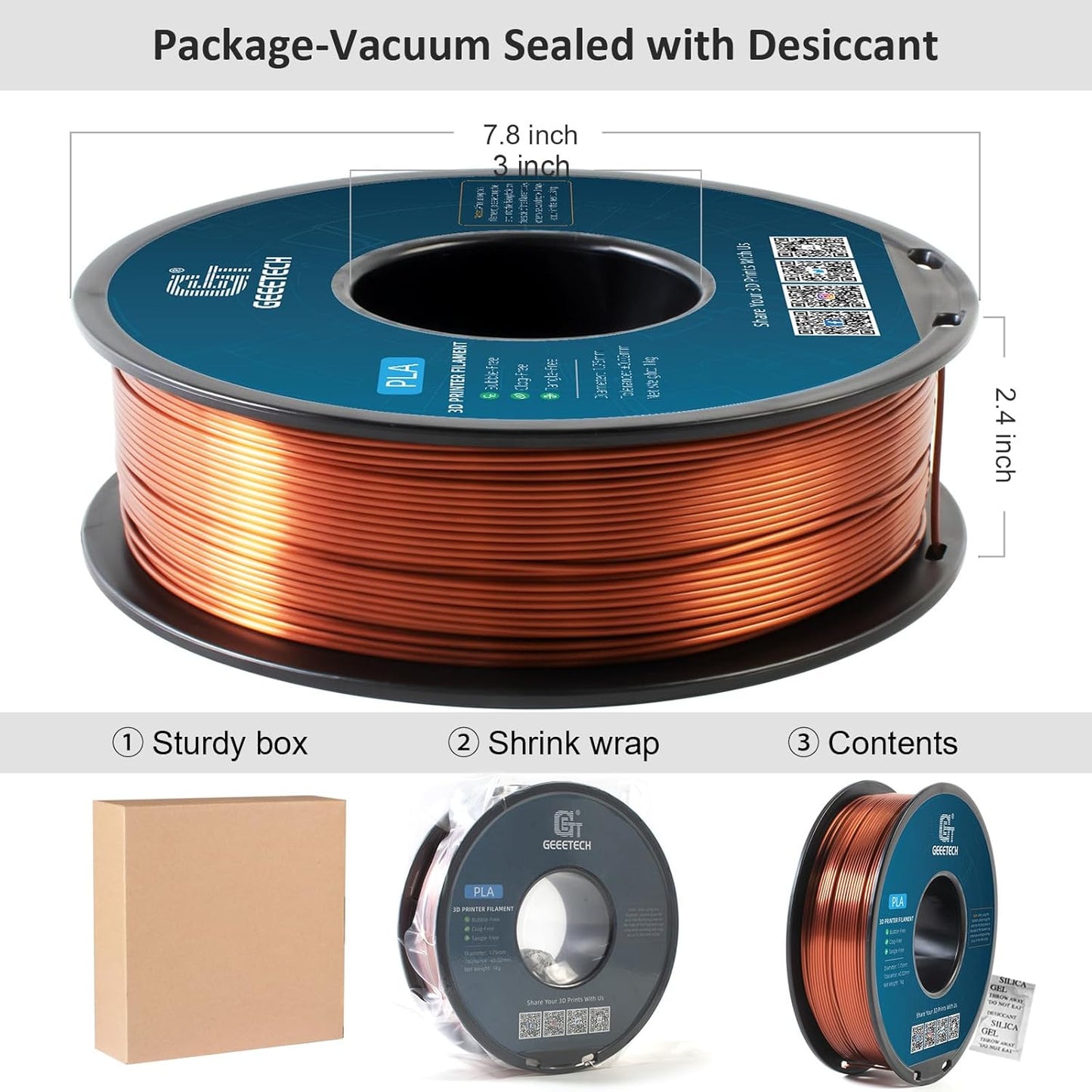 Geeetech Silk PLA Filament 1.75mm for 3D Printer, Metal-Like Shiny 3D Filament 1kg (2.2lbs) 1 Spool, Dimensional Accuracy +/- 0.02 mm, Metallic Copper Silk Filament