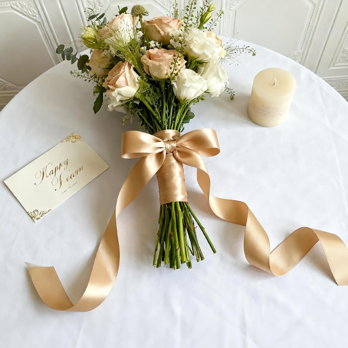 NESCCI 100 Yards Ribbon,1-1/2 Inch Champagne Gold Satin Ribbon,Single Face Satin Ribbons,Perfect for Gift Wrapping,Wedding Decoration,Handmade Bows, Wrapping Bouquet, Halloween, Christmas