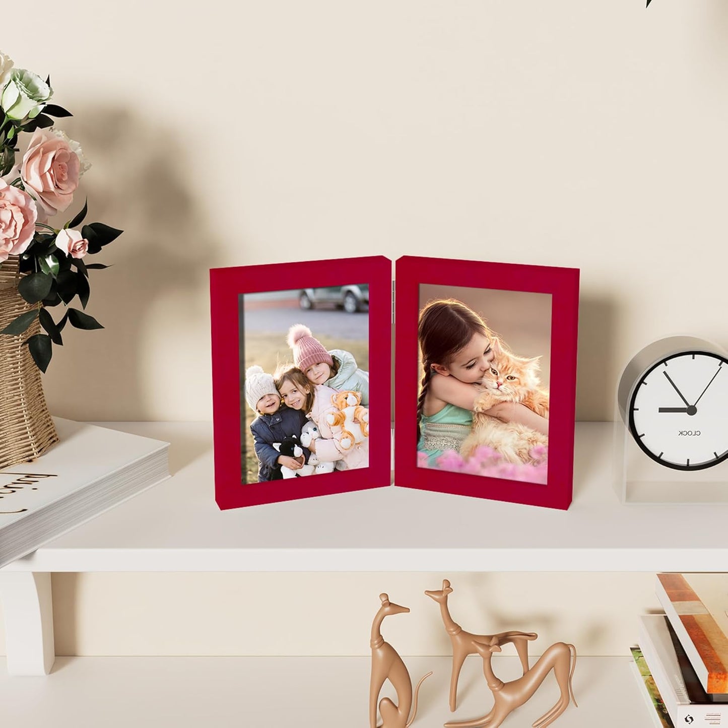 decorUhome Double 5x7 Picture Frame Vertical, Engineered Wood Bifold Photo Frame with Plexiglass for Tabletop Display, 5x7, Red