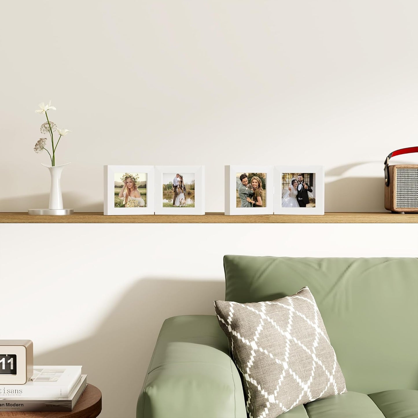 decorUhome Double 4x4 Picture Frame Vertical, Engineered Wood Bifold Photo Frame with Plexiglass for Tabletop Display, 4x4, White