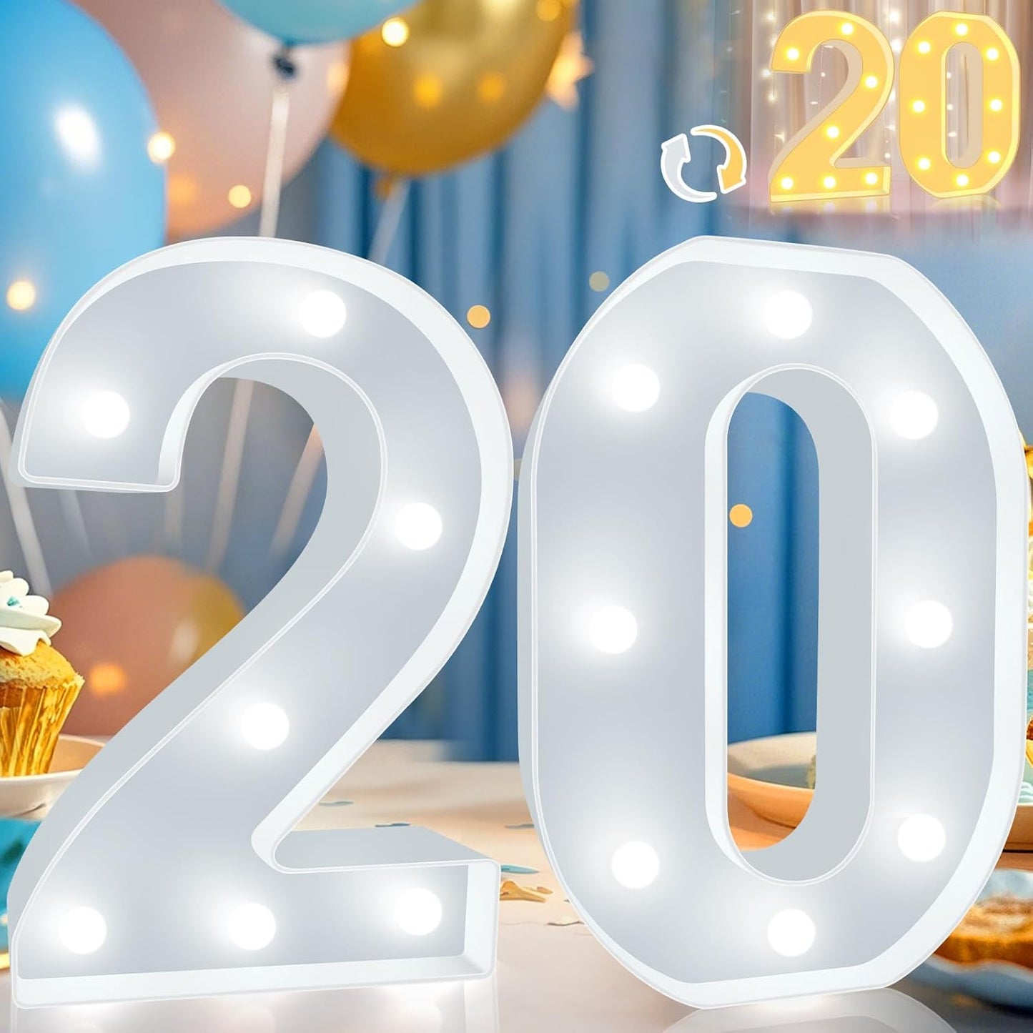Pooqla 20th Birthday Decoration for Her Him, Decorative LED Light Up Numbers, Marquee Numbers 20 Sign for Party Backdrop 20th Wedding Anniversary Decor, Warm White and Cool White Number 20