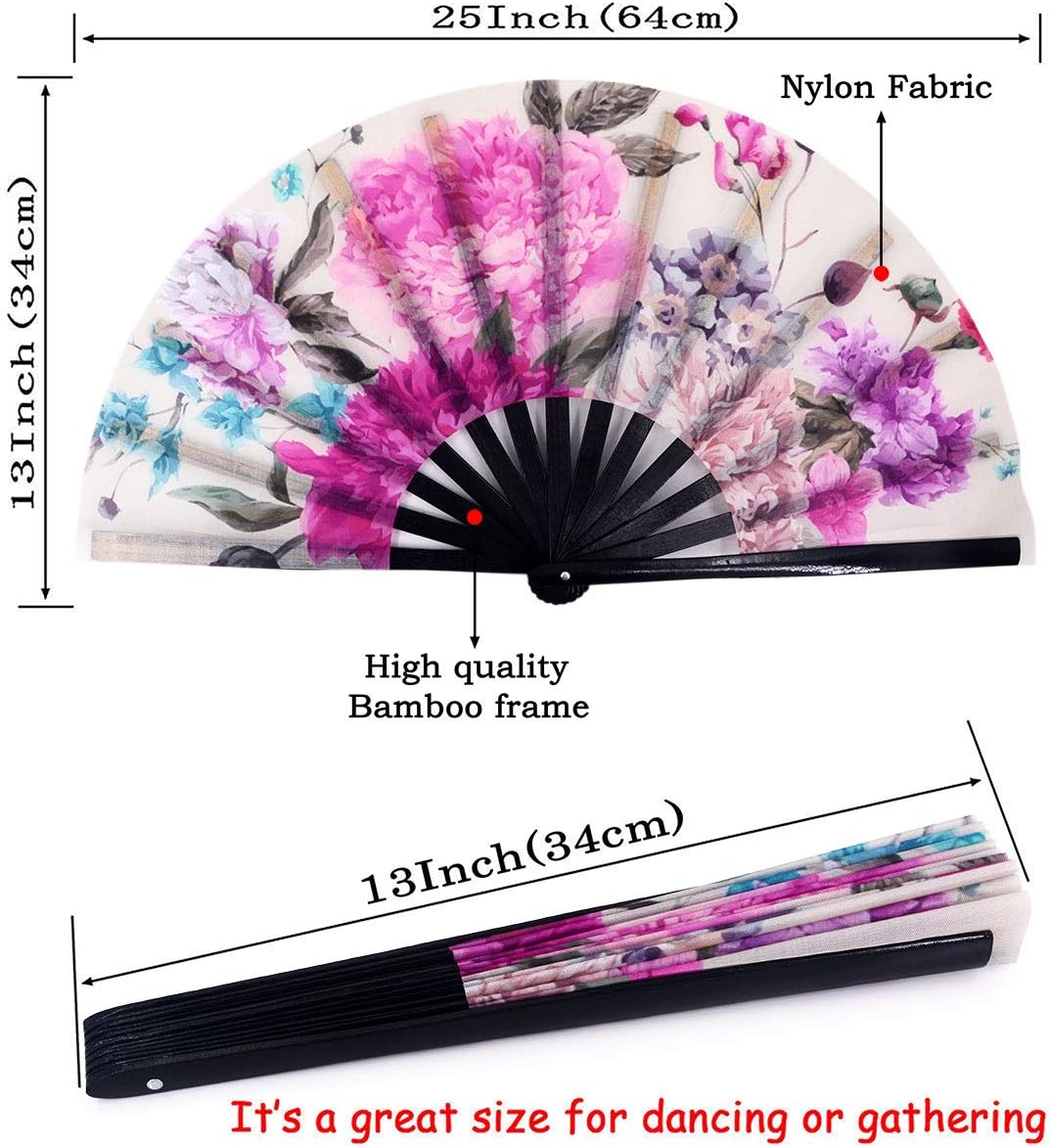 Amajiji Large Folding Hand Rave Fan Popping Fan for Line Dancing Clacking Fans for Boots On The Ground Dance,Party,Decoration,Festival (Peony Flower)