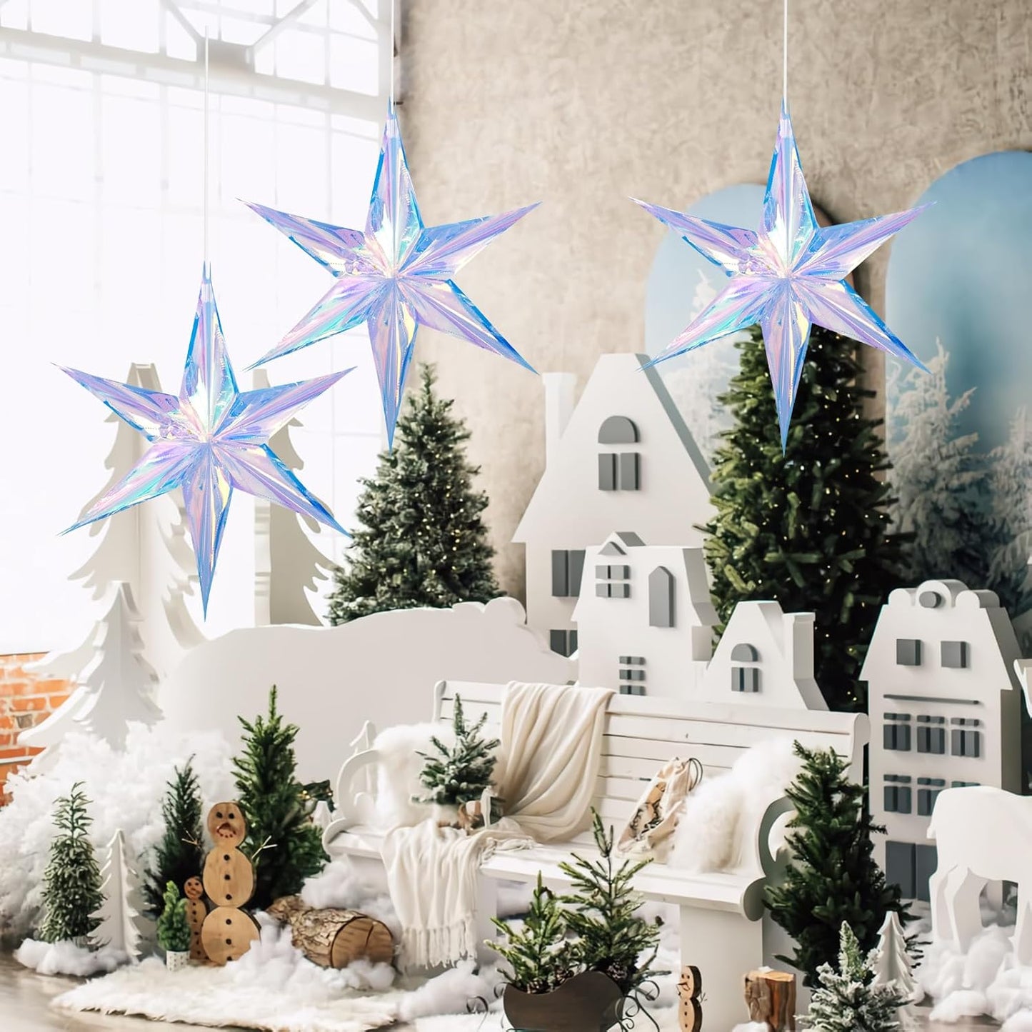 Dazzling Colorful Hexagonal Star Decoration Hanging Decorative Folding Rainbow Shine Party Ornaments for Christmas Tree Winter Party Birthday Wedding Frozen Theme Decoration