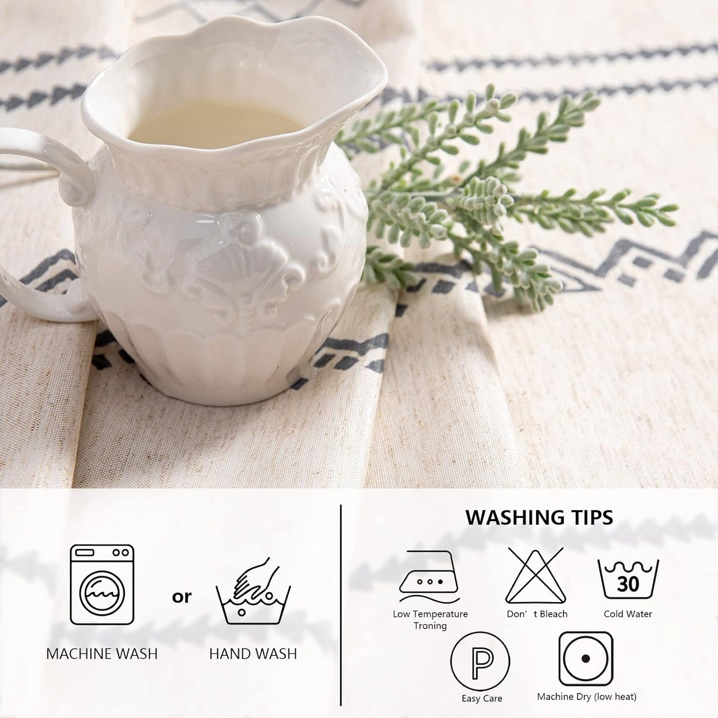 MYSKY HOME Boho Rectangle Tablecloth 60x120 Inches Linen Farmhouse Tablecloth Waterproof Decorative Fabric Table Cloth for Kitchen Dining Bohemian Tablecloth for 8 Feet Table, Grey Tablecloth