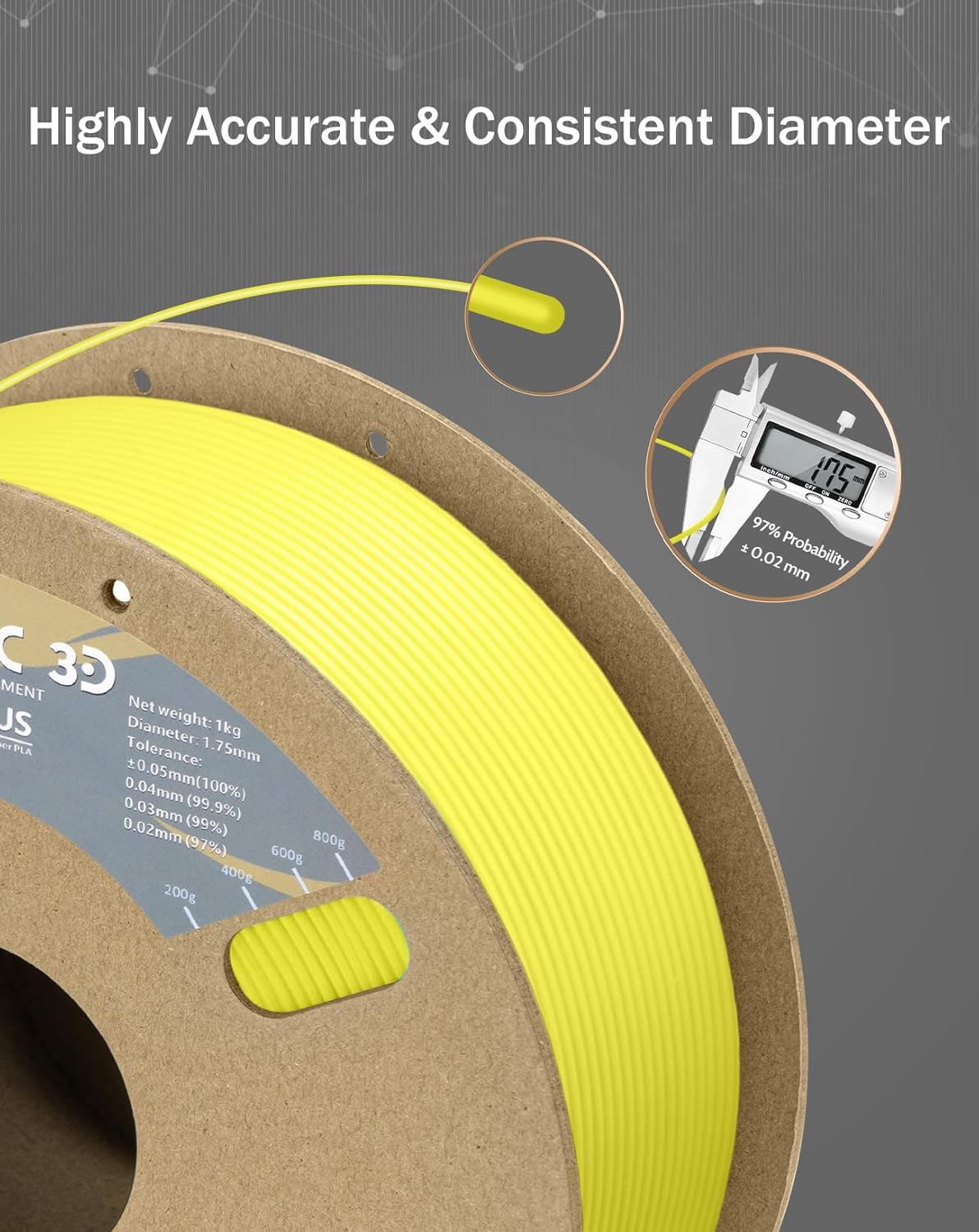 DURAMIC 3D PLA+ Filament 1.75mm 1Kg Light Yellow, PLA Plus Filament 1Kg Spool(2.2lbs) Tougher and Stronger, Dimensional Accuracy Probability +/- 0.02mm