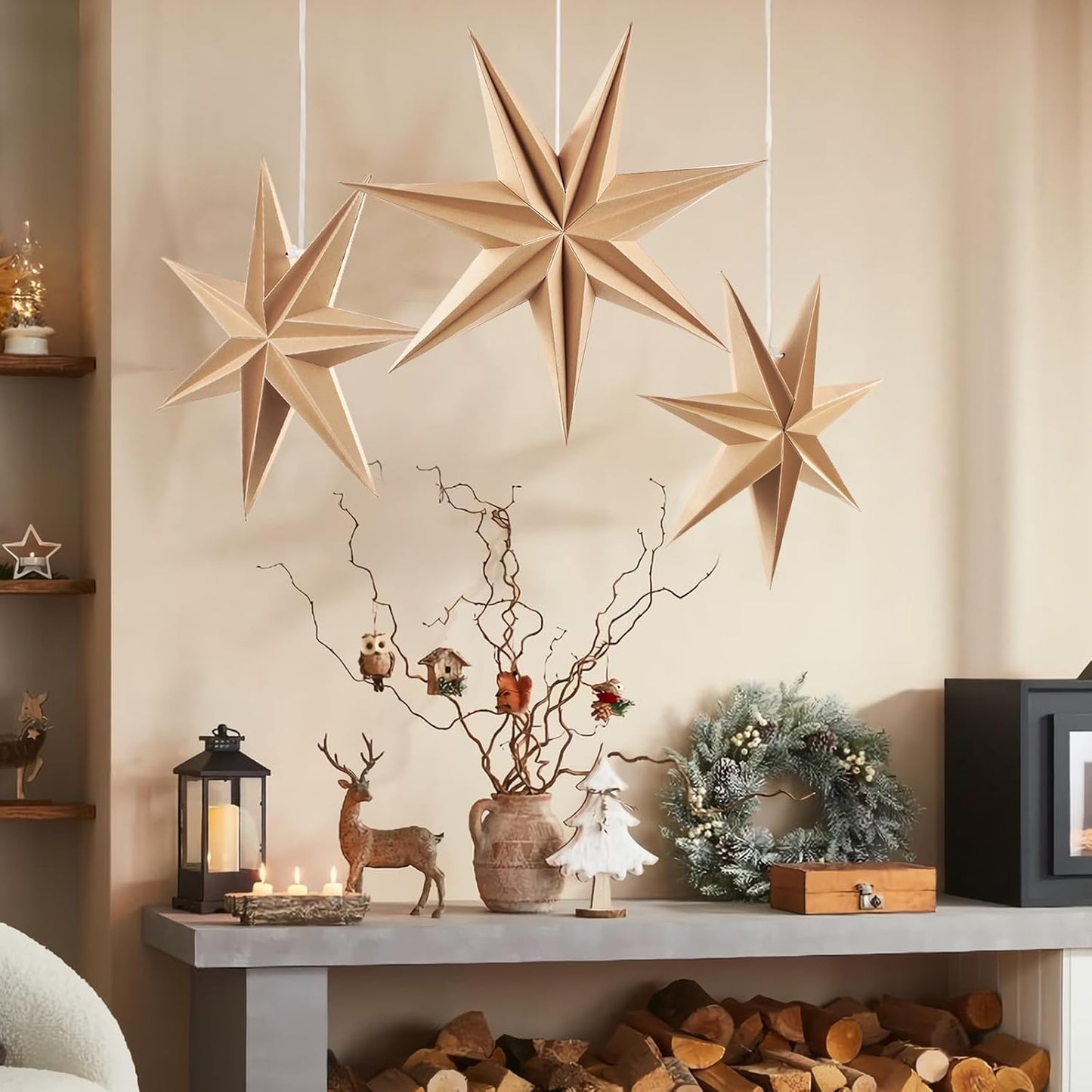 3PCS 12inch 7-Pointed Natural Paper Star Landerns Hanging Decoration Set Festive Holiday Decor Stars Shape Landerne for Christmas Home Deco