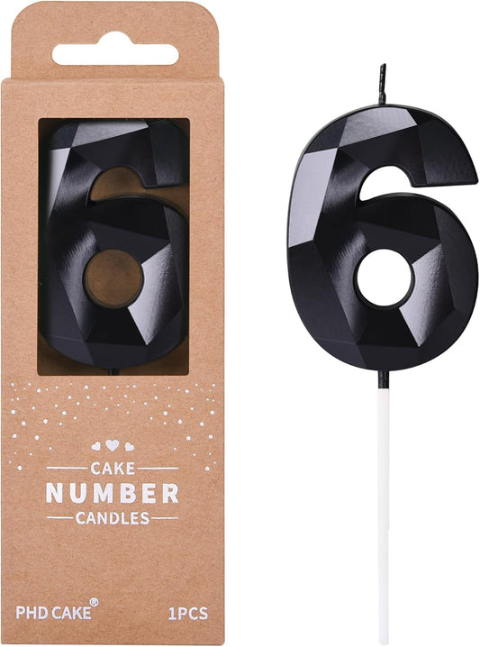 PHD CAKE 2.76 Inch Crystal Black 6 Number Birthday Candles, Black Number Candles, Cake Number Candles, Party Celebration