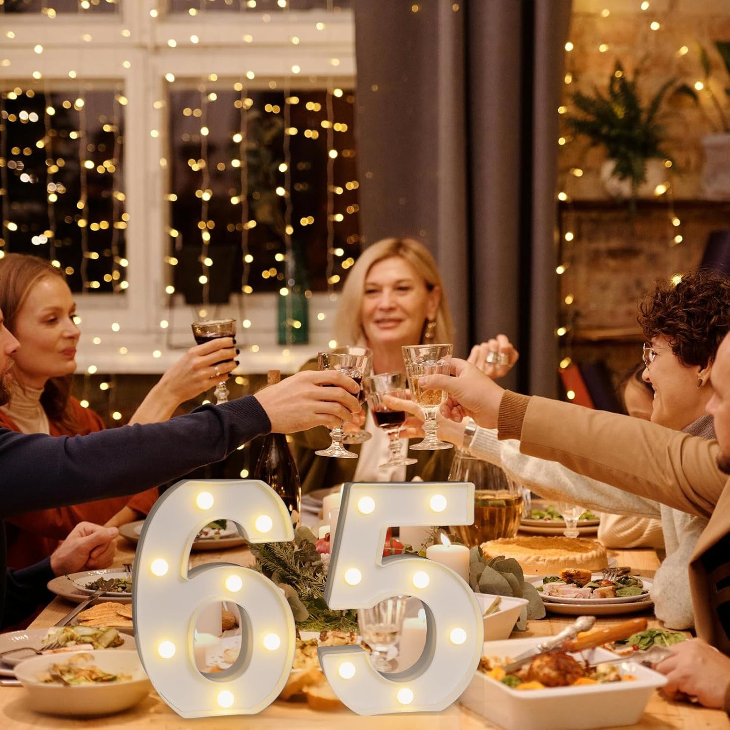 Pooqla Decorative LED Light Up Number Letters, White Plastic Marquee Number Lights Sign for 65th Birthday Party Wedding Decor, Battery Operated (65)