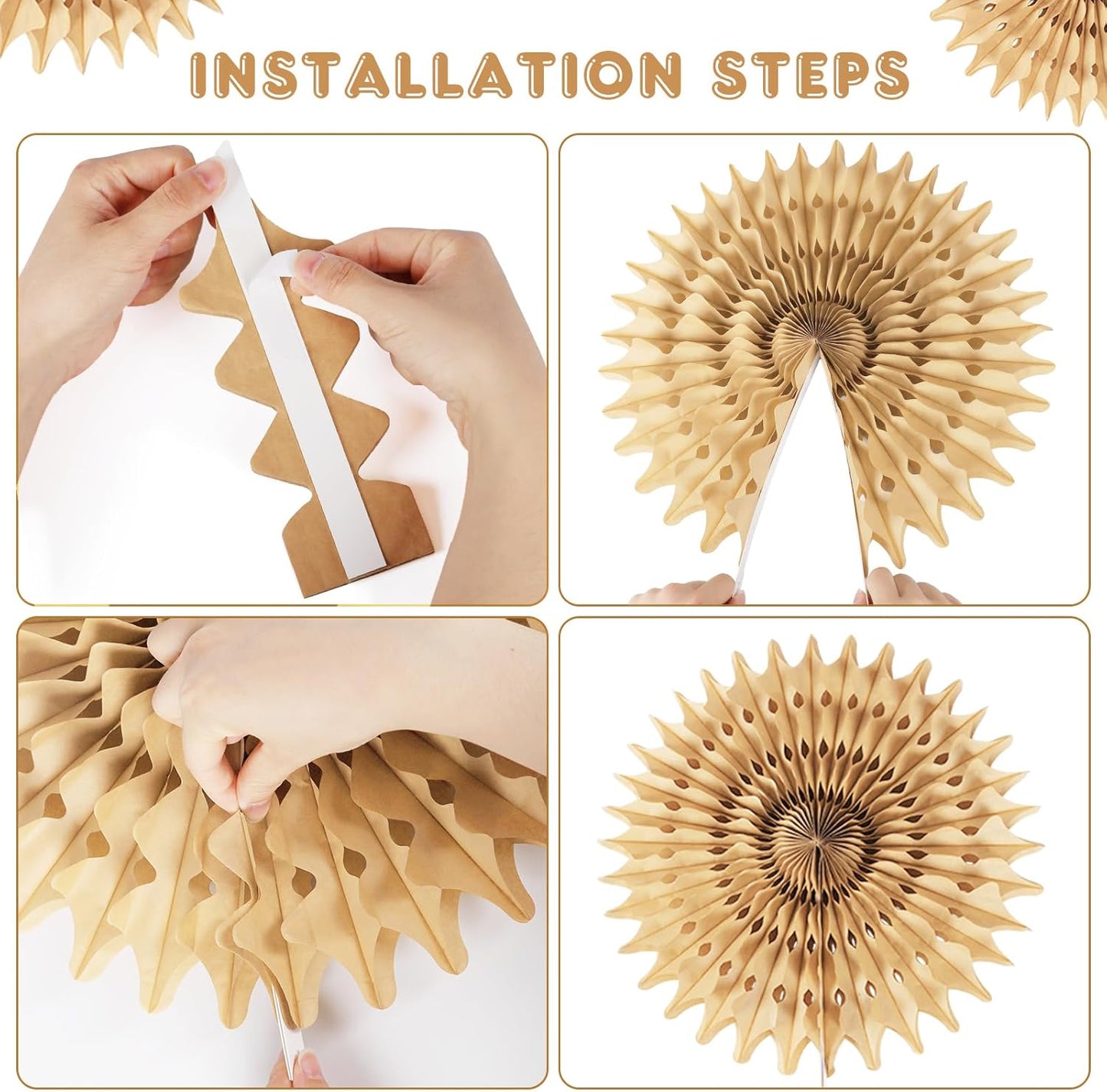 12PCS Paper Fans Champagne Gold Beige Boho Party Decorations Tissue Paper Flowers Decorations for Girl Groovy Birthday Baby Shower Wedding Bachelorette Room Wall Hanging Décor