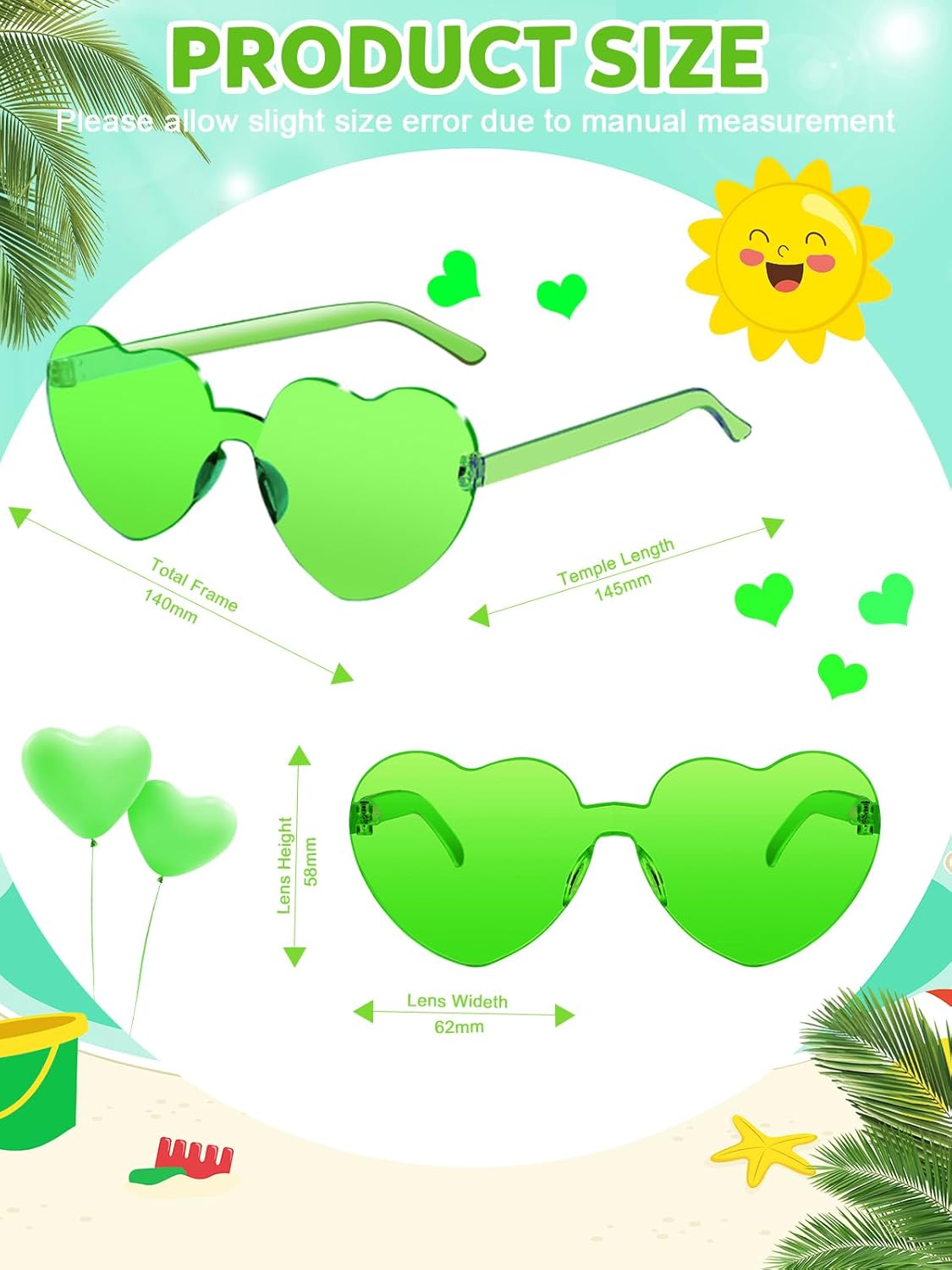 12 Pairs Heart Shaped Sunglasses for Women Colorful Glasses Fun Trendy Transparent Heart Sunglasses Party Favor (1 Pair-Fluorescent Green)
