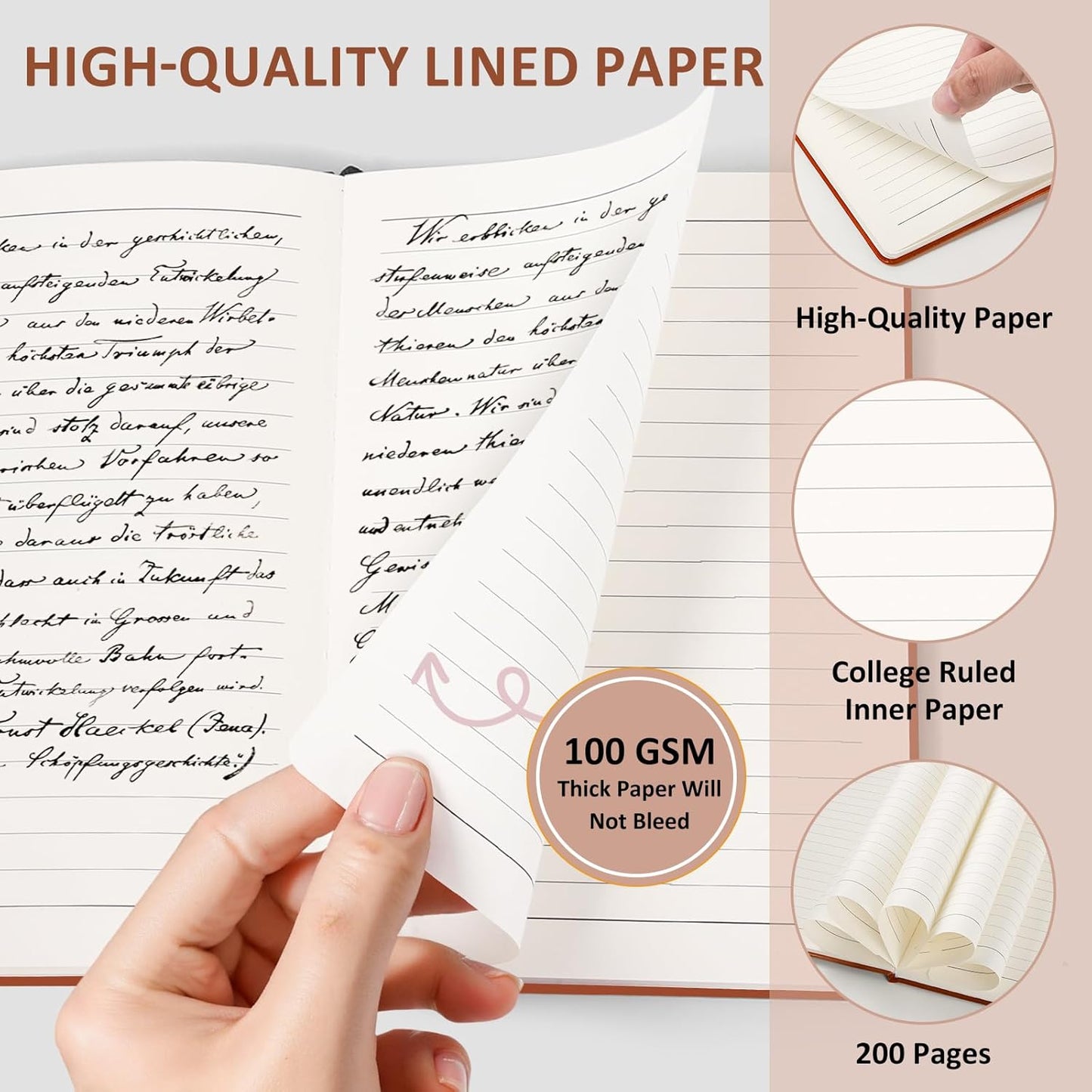 Lined Journal Notebook for Women Men, 200 Pages A5 Hardcover Leather Journals 5.7” x 8.3”, A5 College Ruled Notebooks with 100 GSM Thick Paper for Writing,Travel,School,Office,Work,Business(Brown)