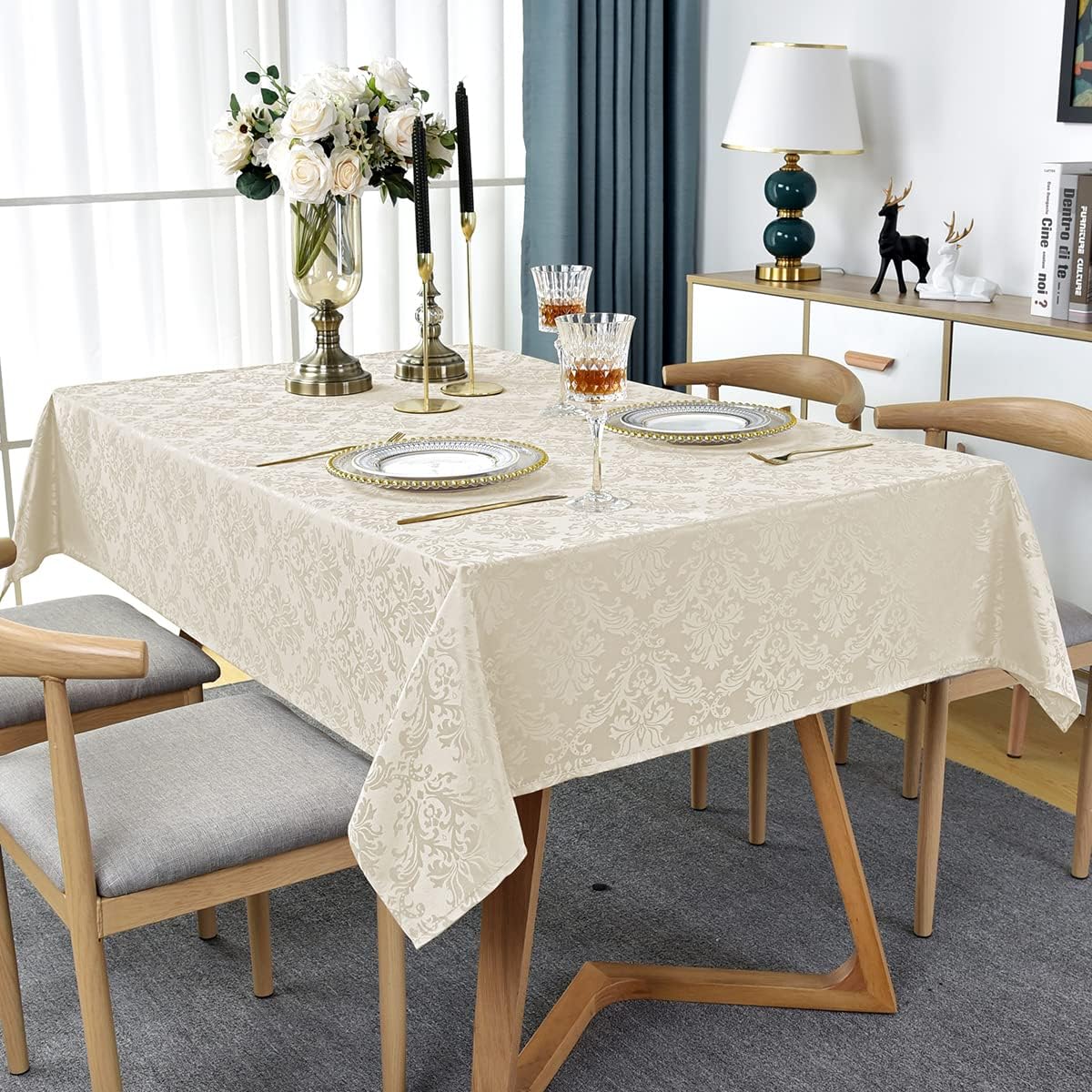 SASTYBALE Jacquard Tablecloth Rectangle 60 x 120 Inch Beige, Spill Proof Stain Resistant Damask Table Cloth, Washable Polyester Table Cover for Dining, Party, Indoor, Outdoor (Off White, Oblong)