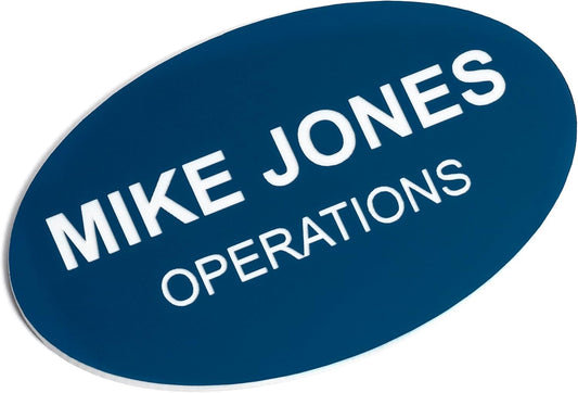 Custom Engraved Name Tag Badges – Personalized Identification with Pin or Magnetic Backing, 3.2 Inch Oval, Blue/White