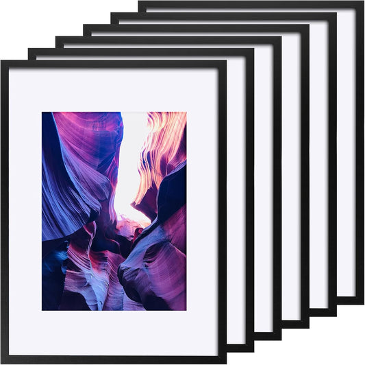 TWING 11x14 Picture Frames Set of 6, Gallery Wall Frame Set Display Photo 8 x 10 with Mat or 11 x 14 without Mat Black Composite Wood Wall Mounting