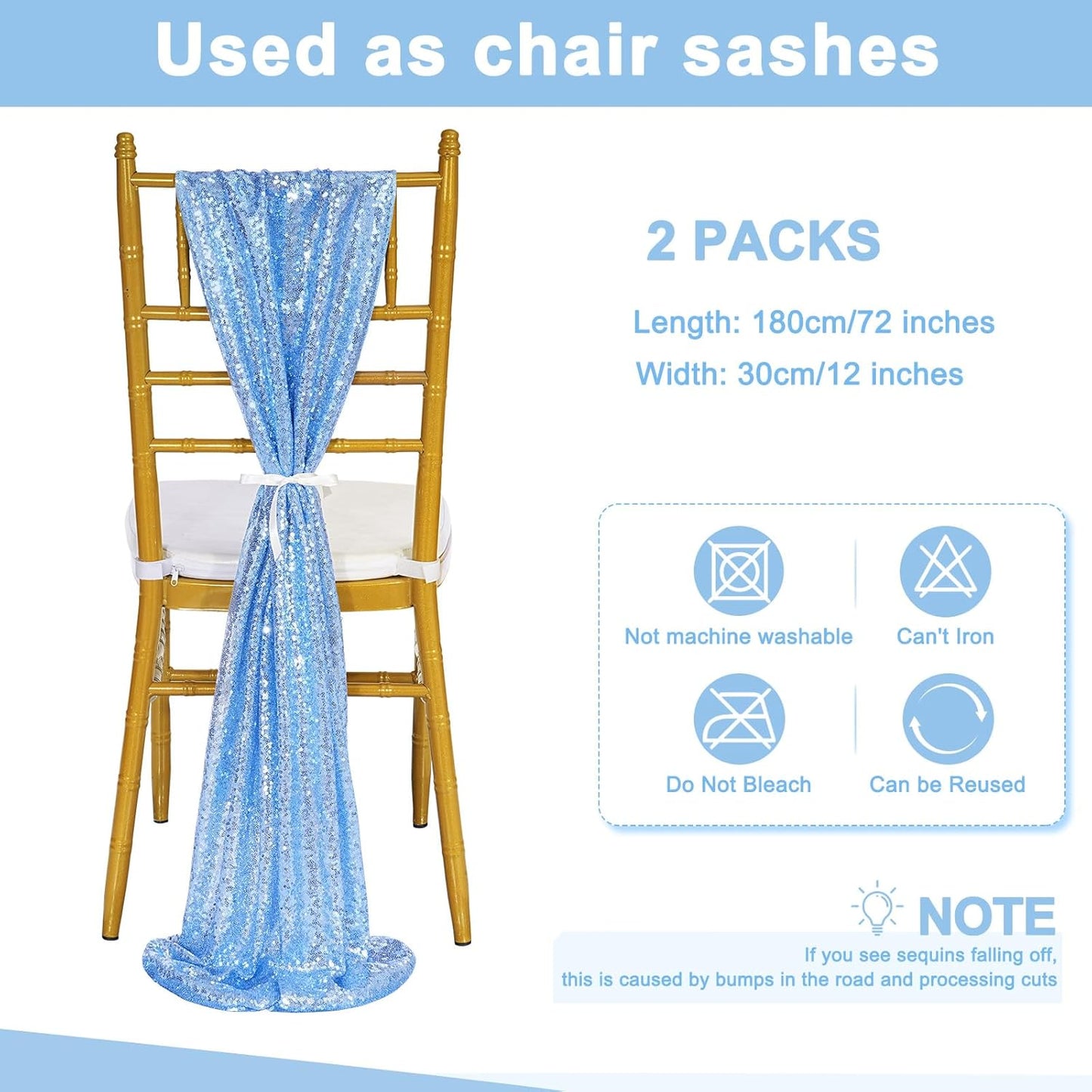 Sequin Table Runners 2 Pieces Baby Blue Table Runners 12x72 Inch Glitter Dining Table Cover for Party Wedding Birthday Reception Banquet Decoration Spring Party Chair Sashes