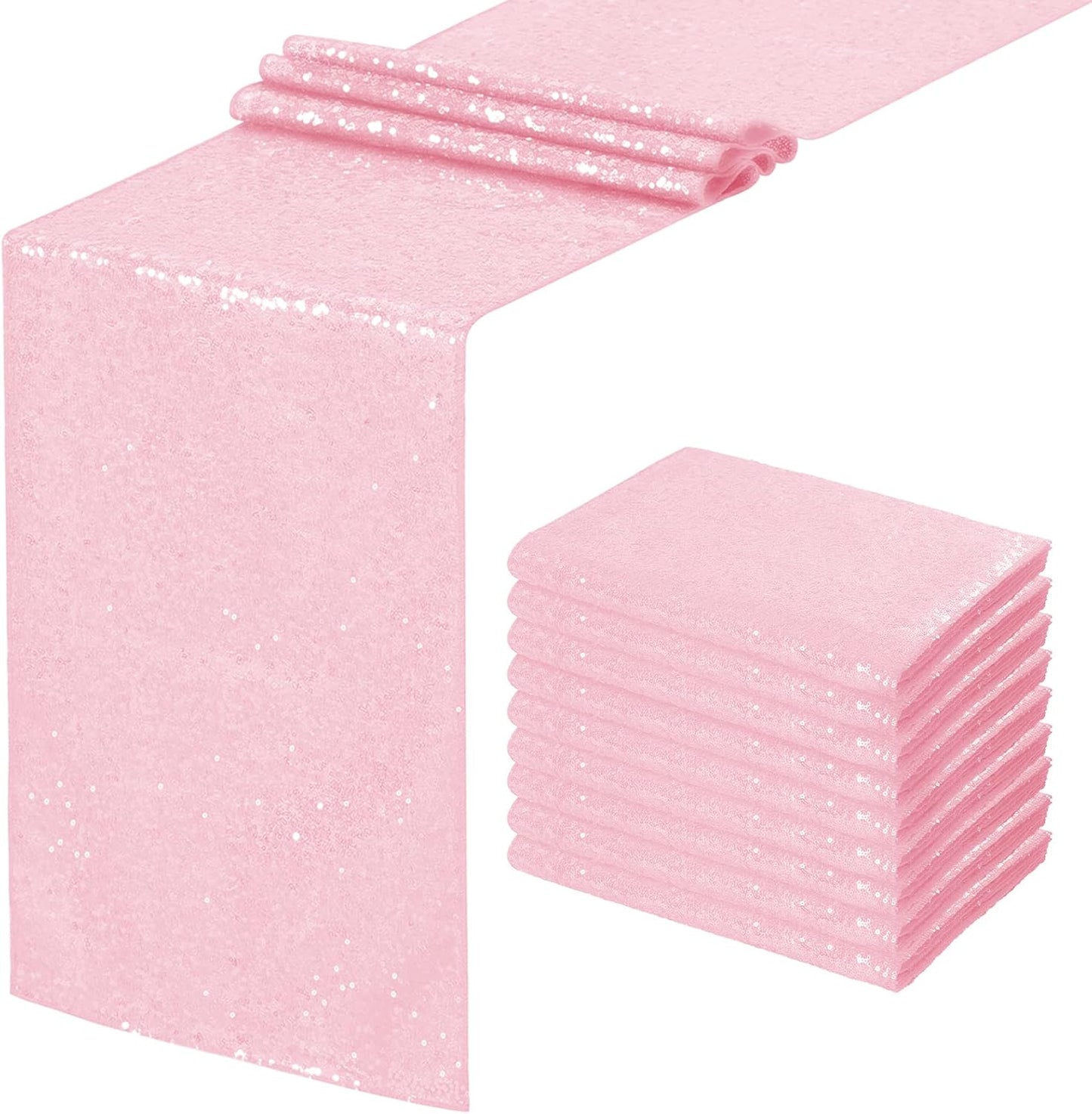 Pink Table Runners 10 Packs 12x108 Inches Glitter Table Runner Wedding Sequin Fabric for Birthday Bridal Baby Shower Engagement Party Decorations