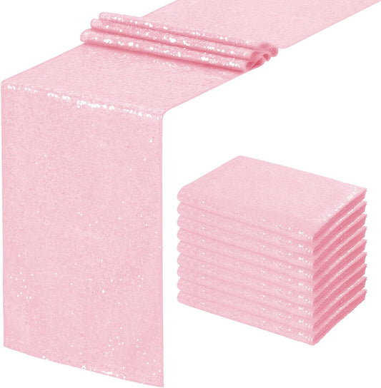 Pink Table Runner 10 Packs 12x72 Inches Sequin Glitter Table Runners for Party Bridal Baby Shower Event Party Wedding Table Decor