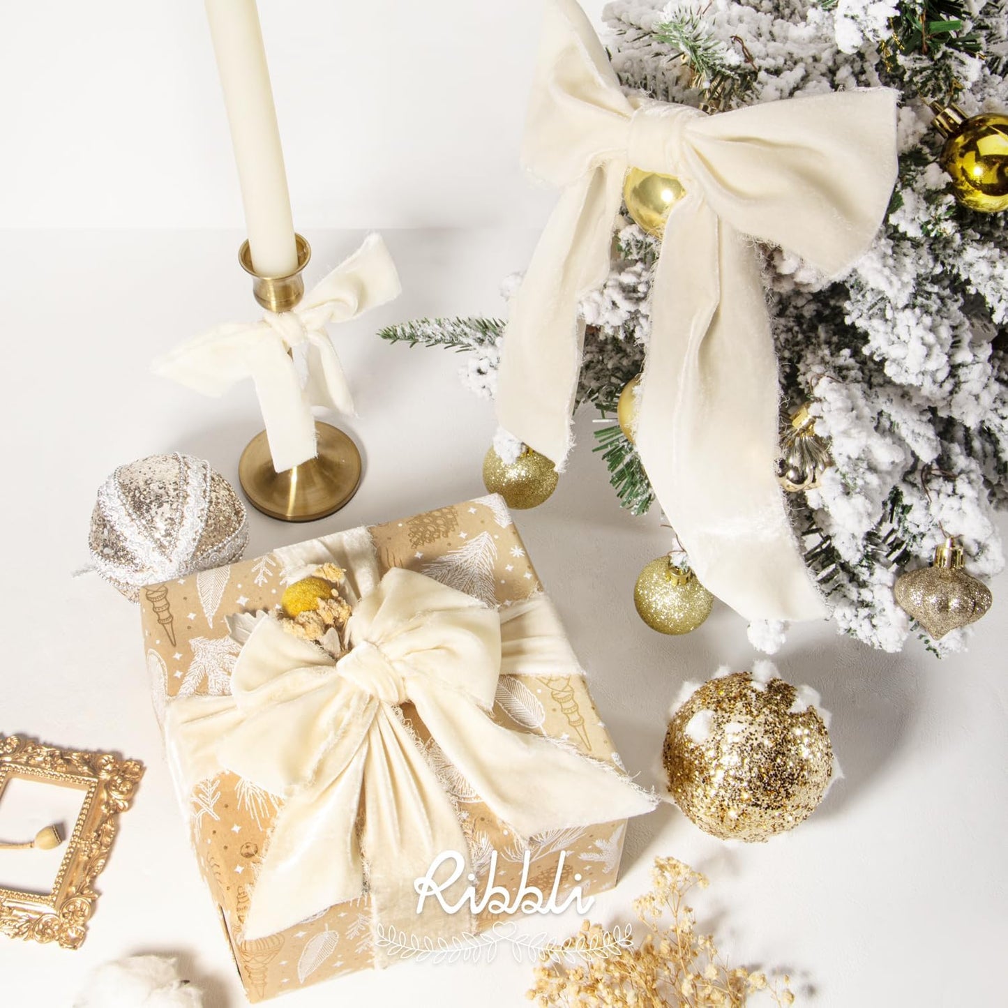 Ribbli Ivory Velvet Ribbon 1.5 Inch Handmade Frayed Vintage Christmas Ribbon for Gift Wrapping Christmas Tree Ornament Wreath Craft Home Decor -Total 3 Yards with Wooden Spool