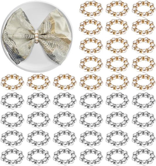 50Pcs Pearl Napkin Rings, Imitation Pearl Napkin Rings Holder, Disposable Beaded Serviette Napkin Buckles for Wedding Reception Party Banquet Dinner Table Decor (Pearl Gold+Silver, 50 Pcs)