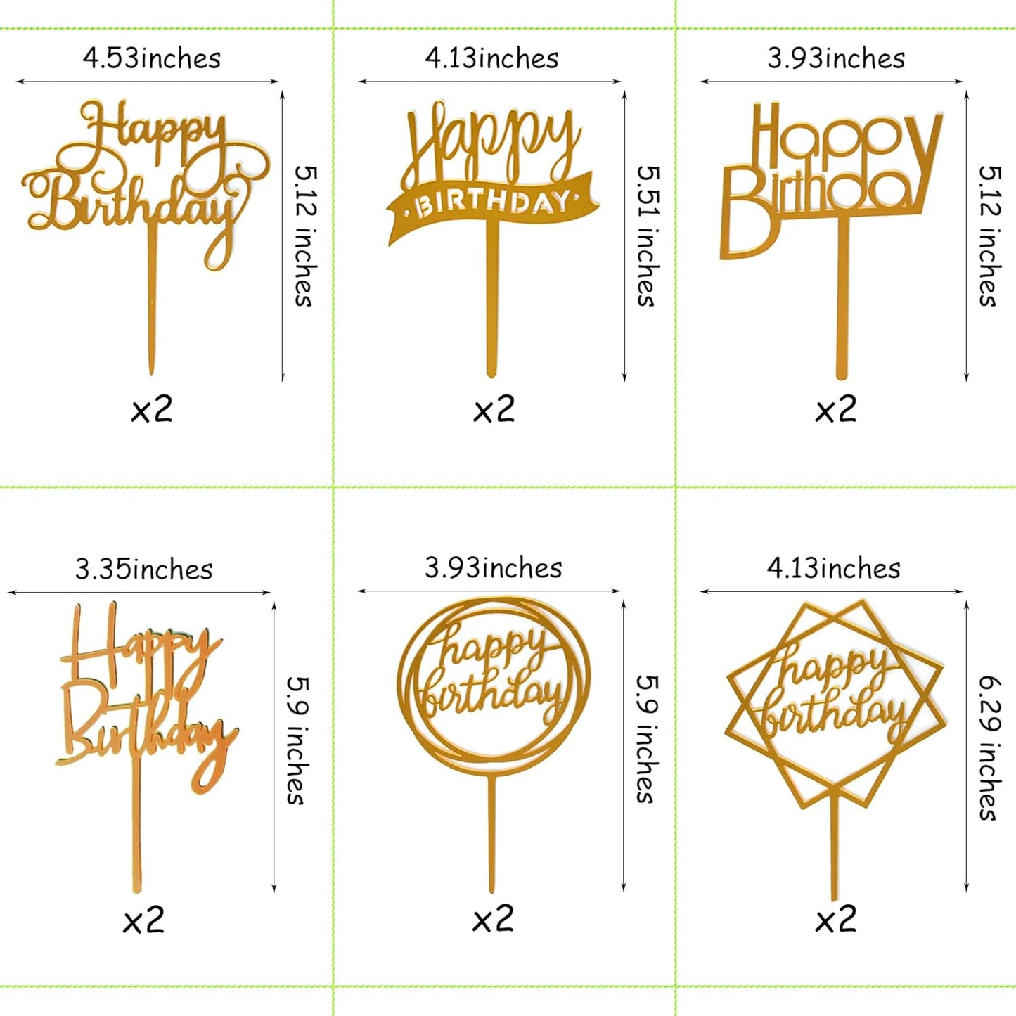 12 Pack Multi Styles Birthday Cake Topper Set, Acrylic Cake Bunting Decor Birthday Cake Picks Party Decorations Supplies(Gold)