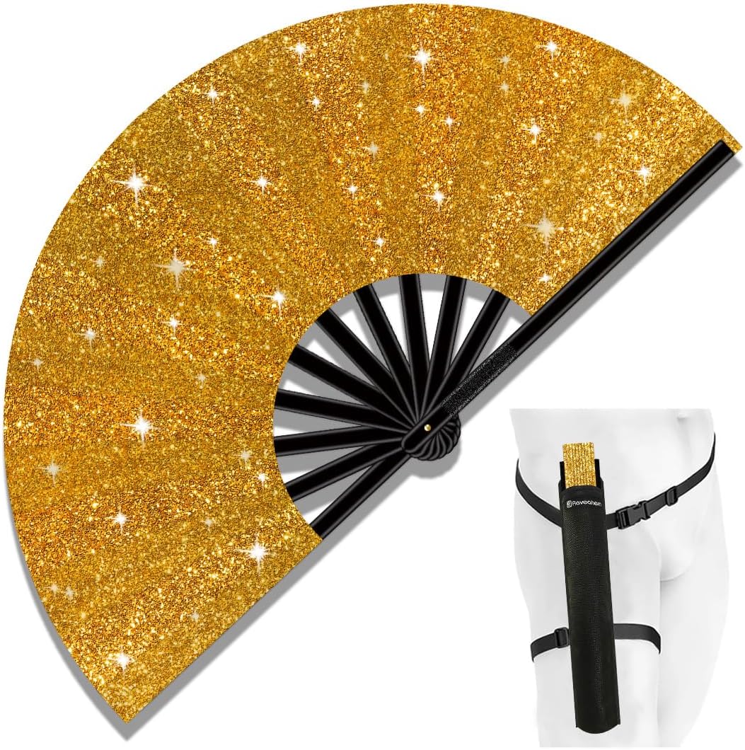 13" Large Folding Rave Fan with Holster, Clack Hand Fans Foldable for Line Dancing, Boots On The Ground Fan for Women Men Festival EDM Party Decoration, Glitter Glod